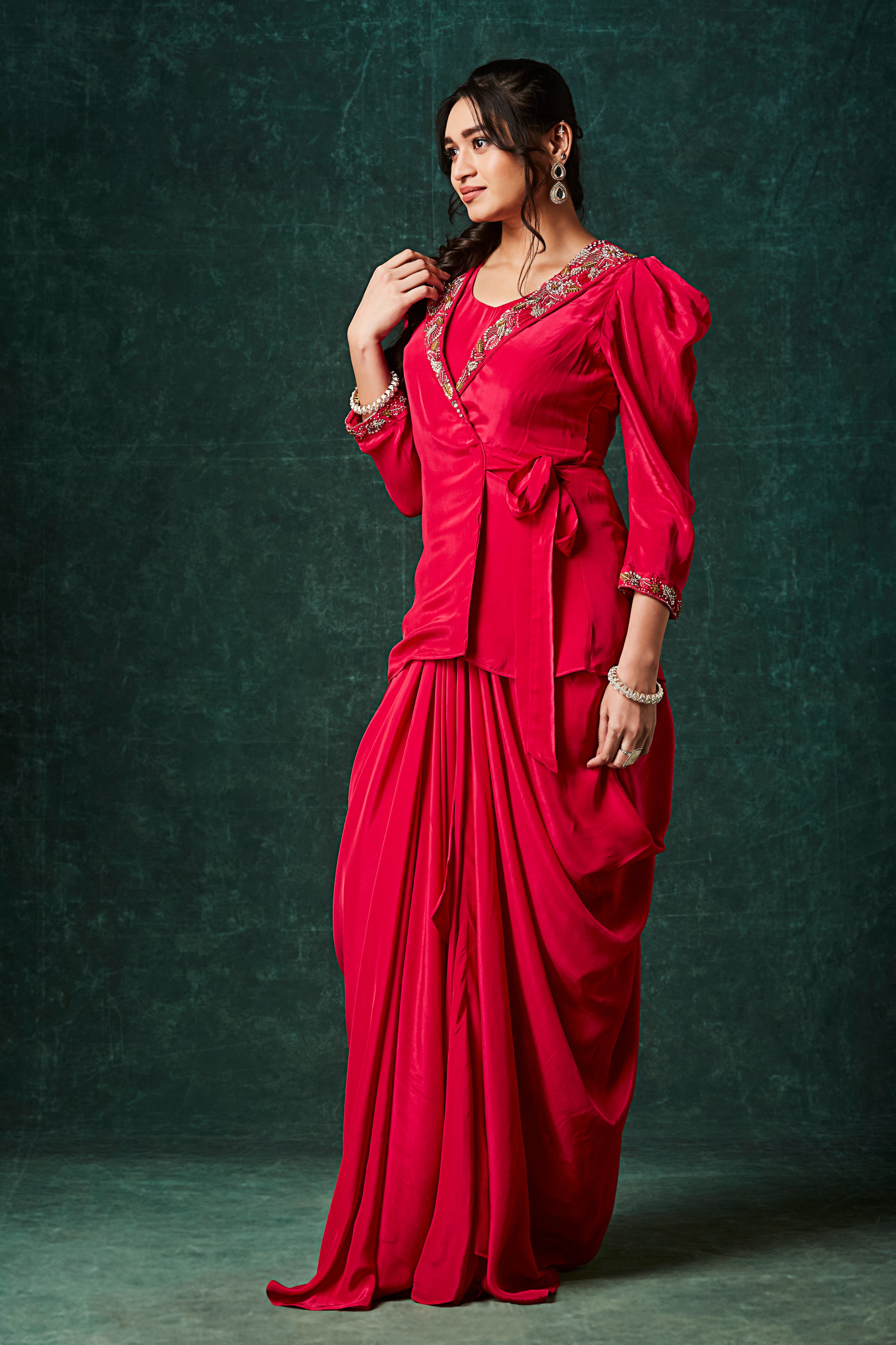 Vibrant Red Embellished Crepe Silk Skirt Set