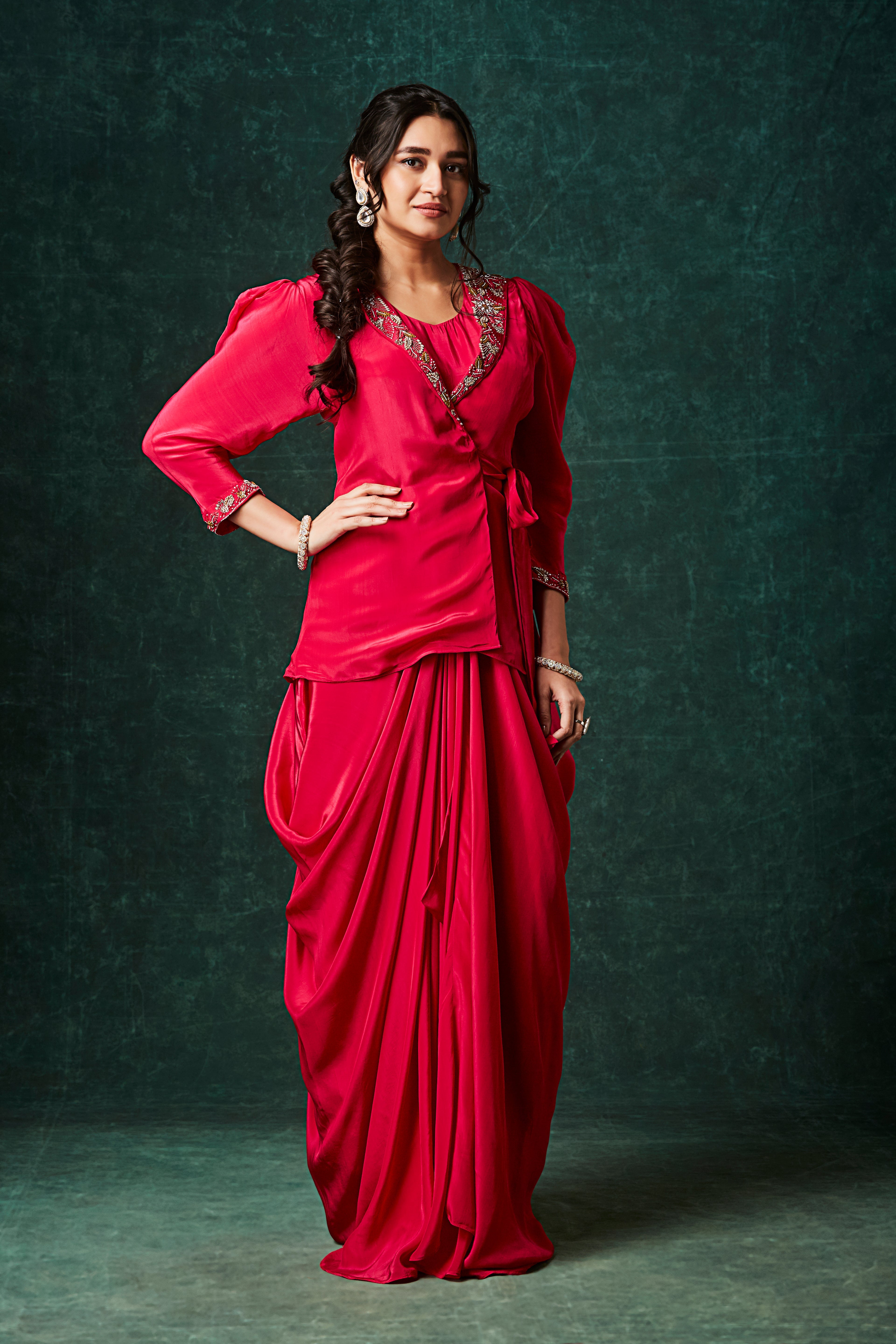 Vibrant Red Embellished Crepe Silk Skirt Set
