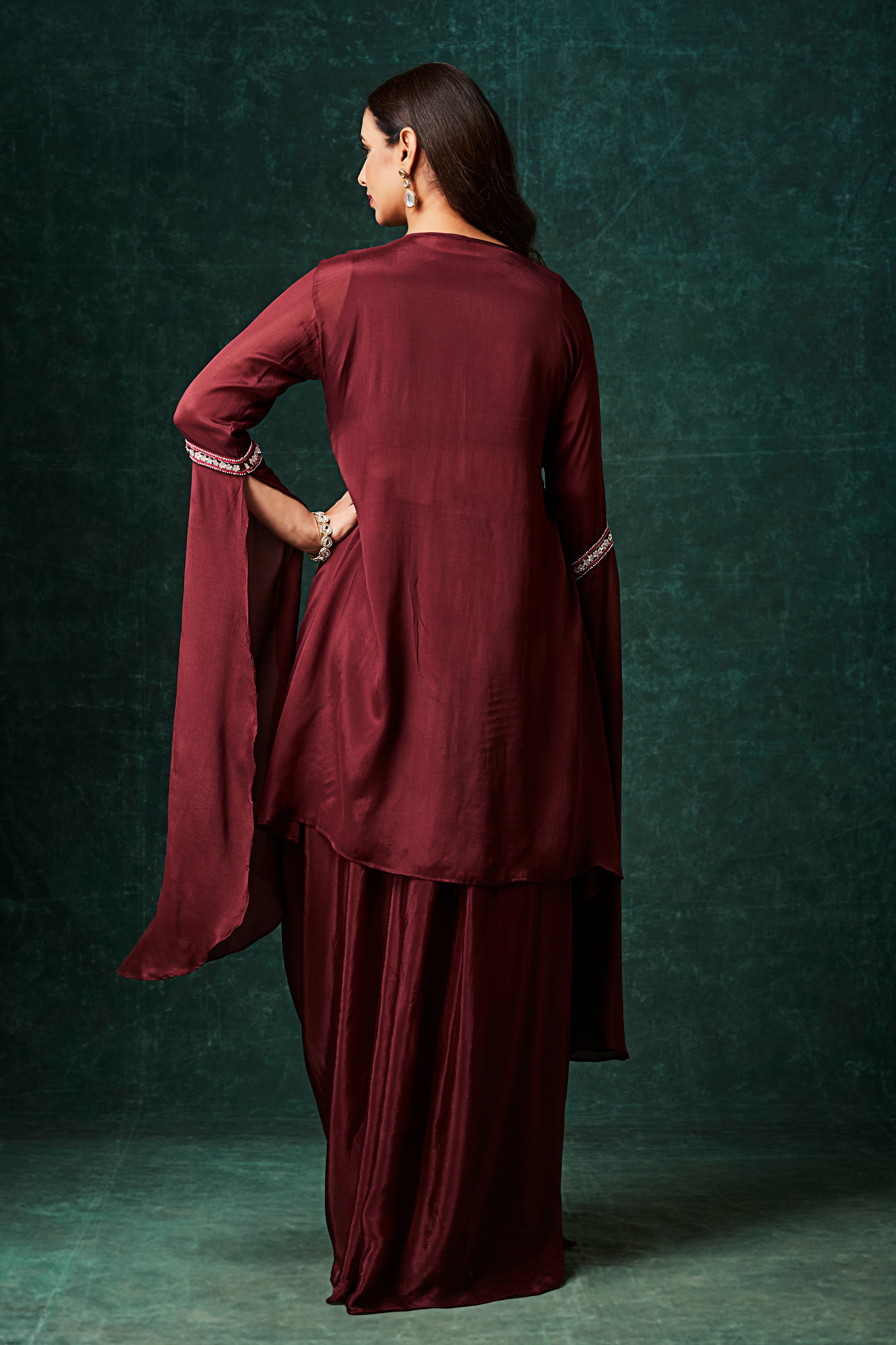 Rosewood Embellished Chinon Silk Drape Skirt Set