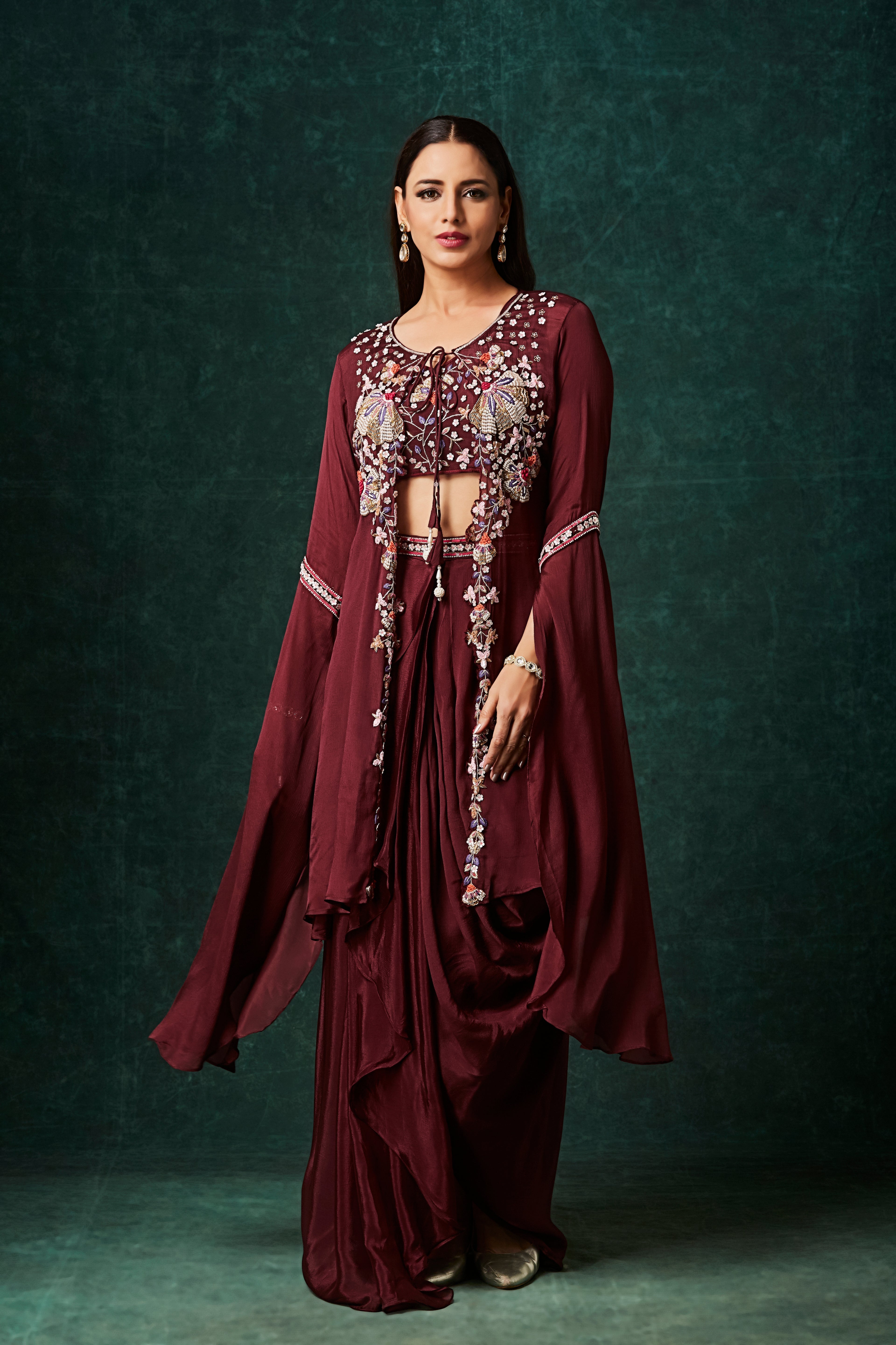 Rosewood Embellished Chinon Silk Drape Skirt Set