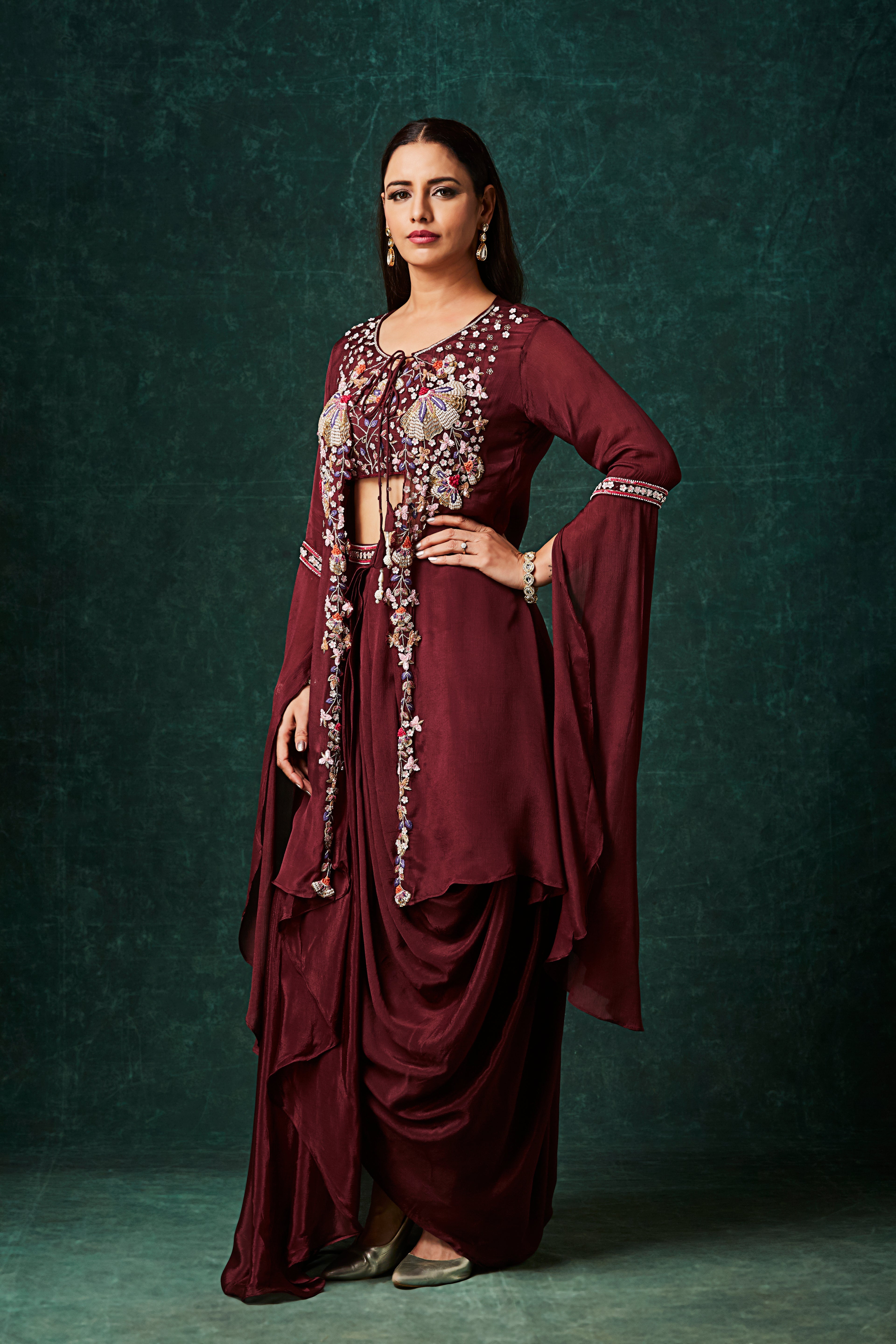 Rosewood Embellished Chinon Silk Drape Skirt Set