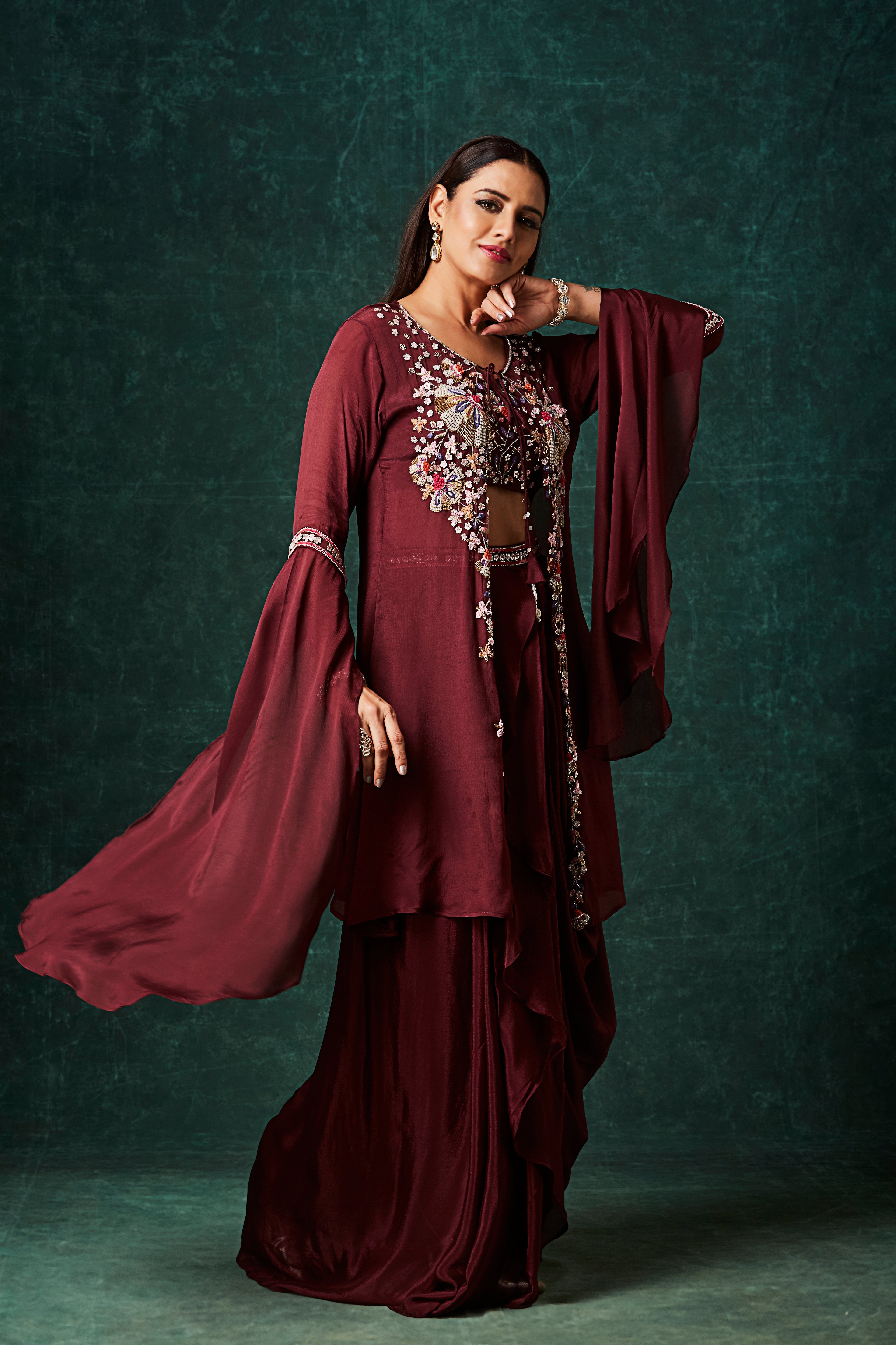 Rosewood Embellished Chinon Silk Drape Skirt Set