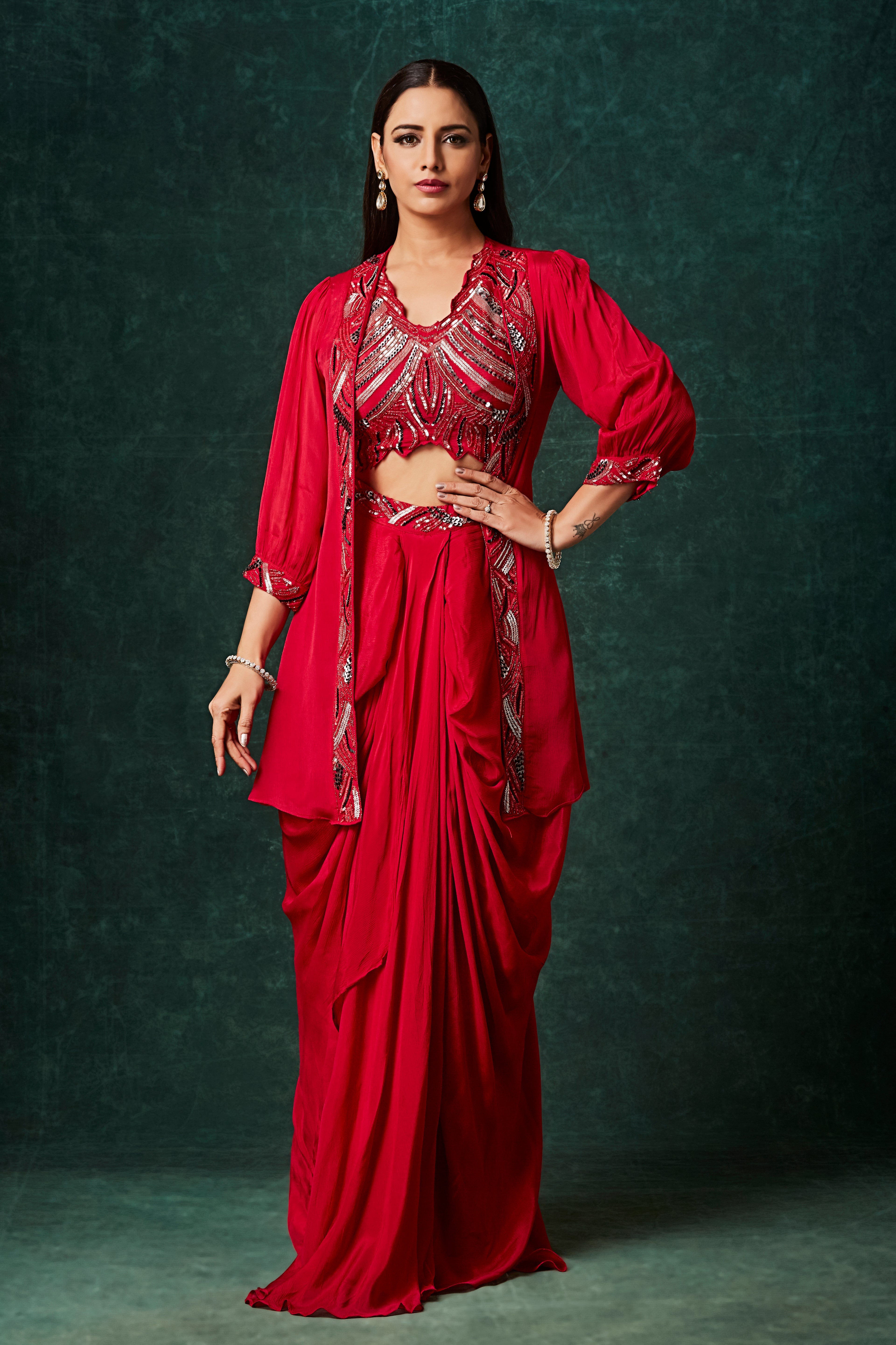 Fiery Red Embellished Chinon Silk Skirt Set
