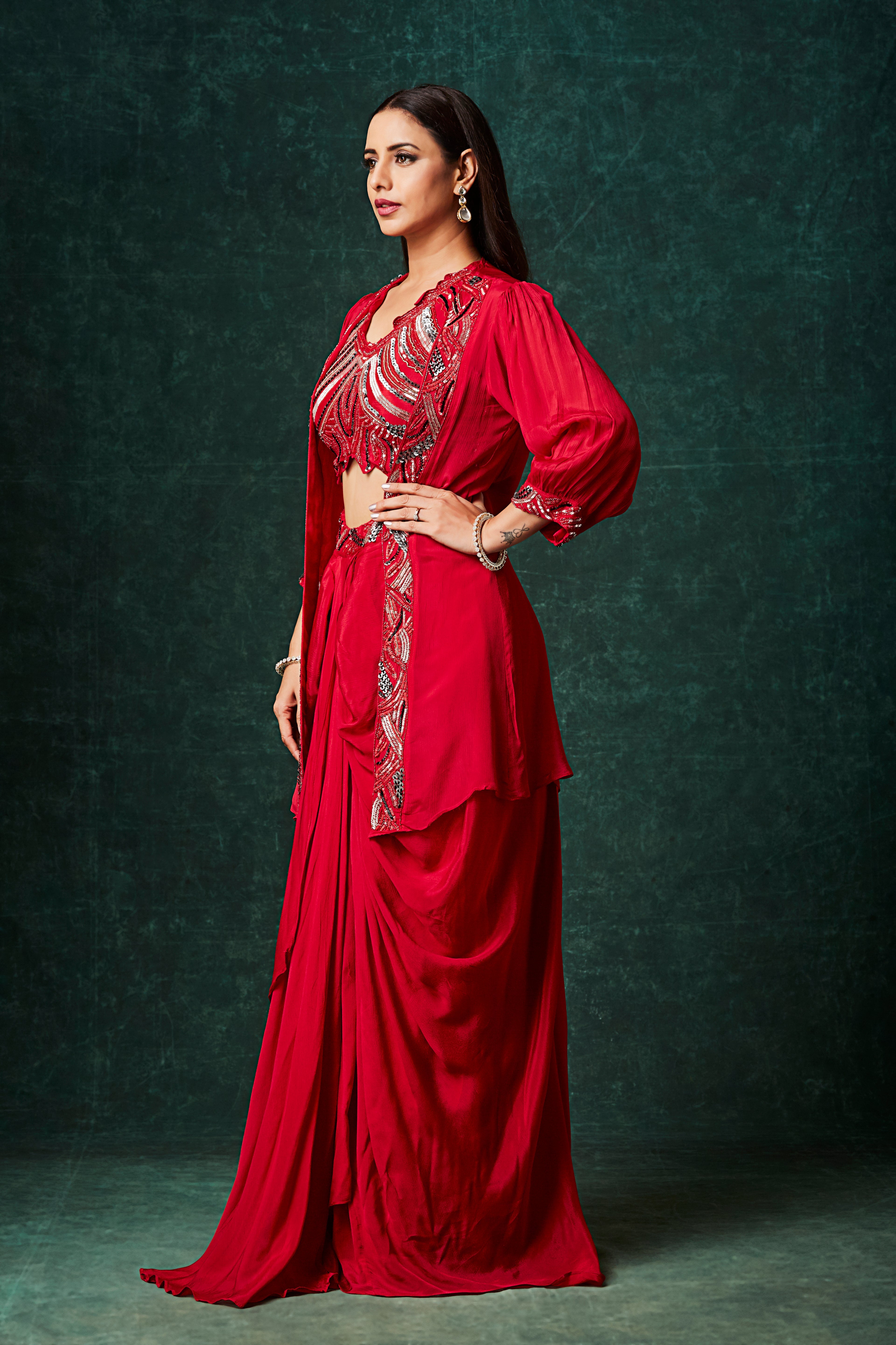 Fiery Red Embellished Chinon Silk Skirt Set