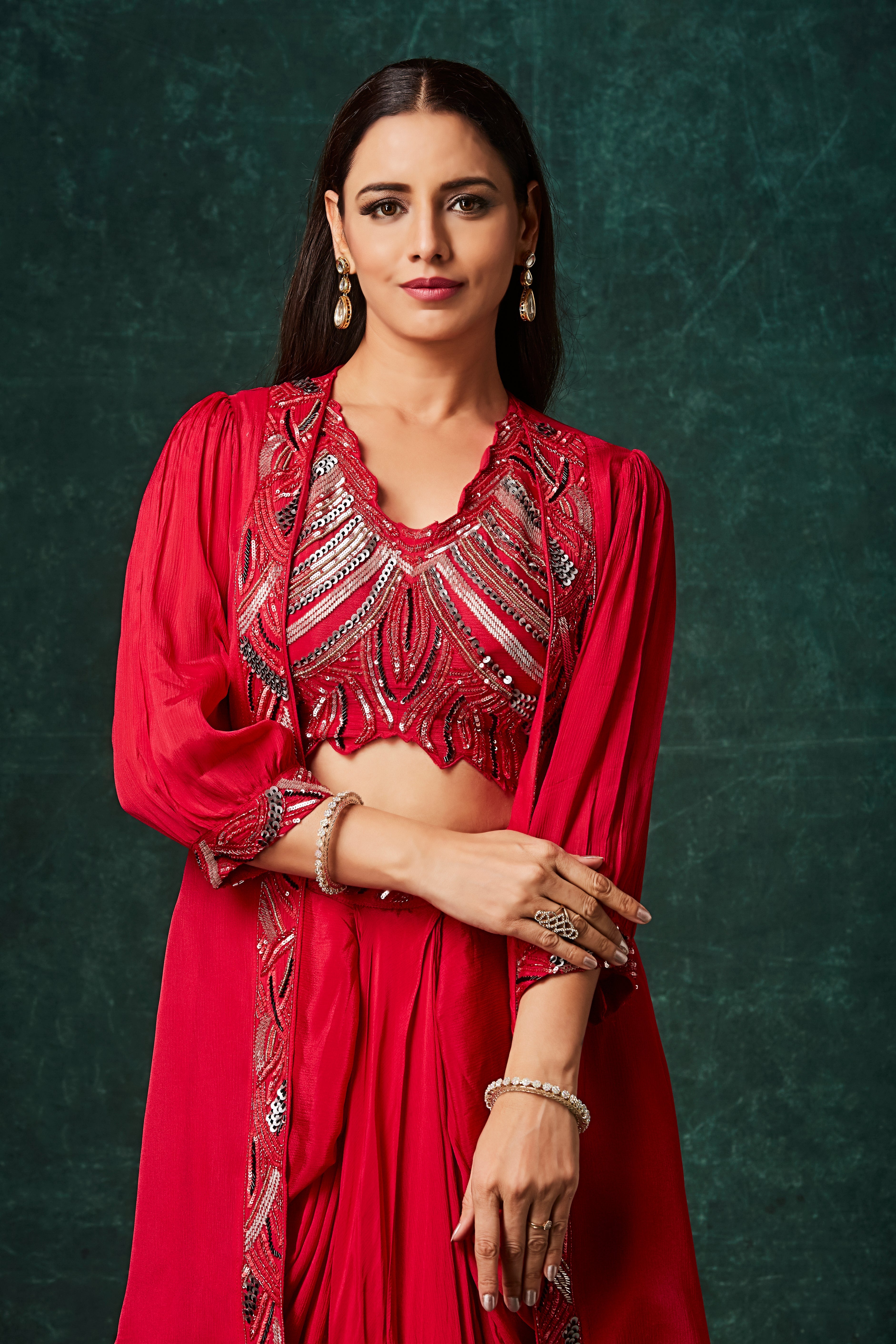 Fiery Red Embellished Chinon Silk Skirt Set