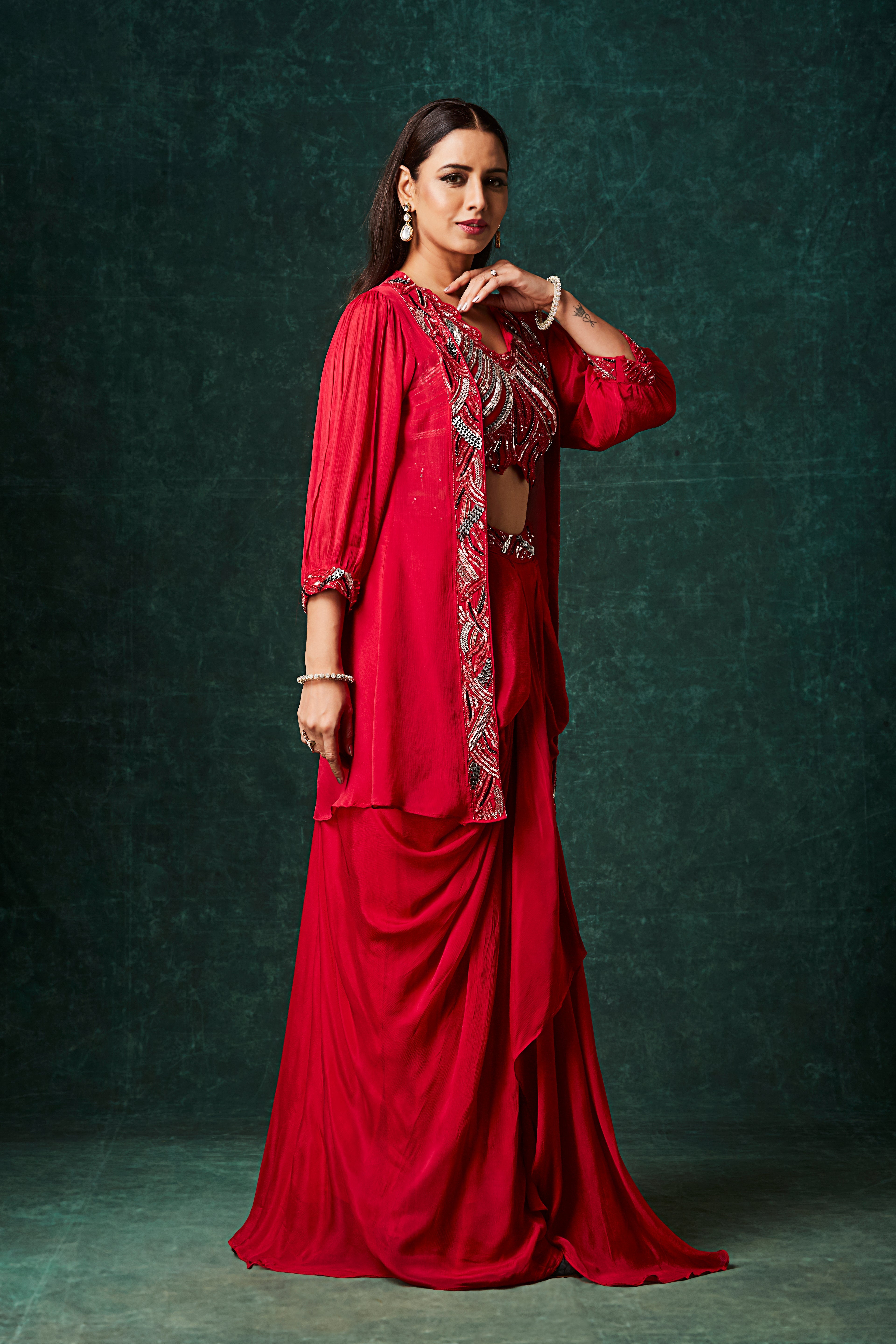 Fiery Red Embellished Chinon Silk Skirt Set