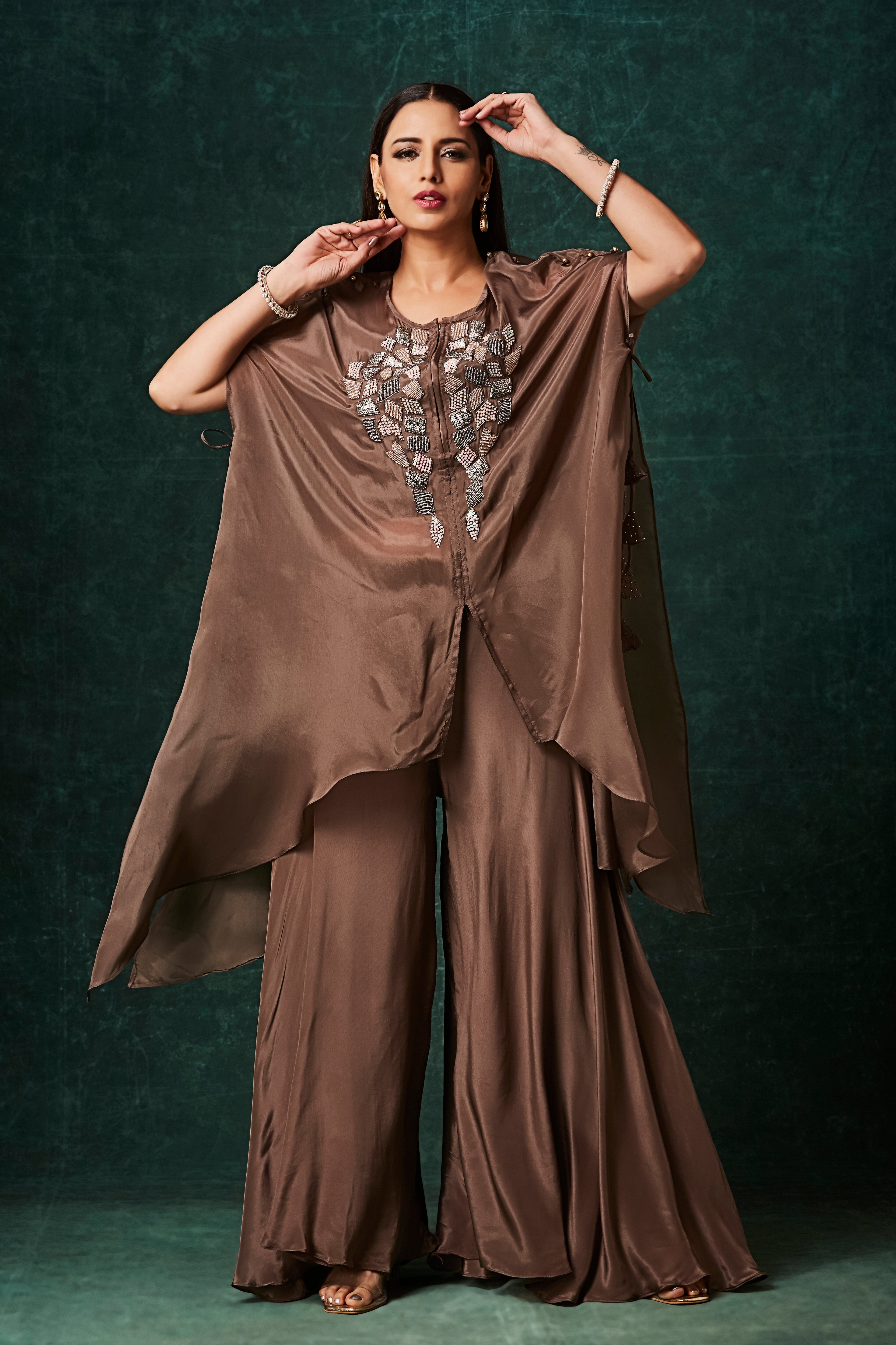 Dusty Coffee Brown Embellished Organza Silk Kaftan Set