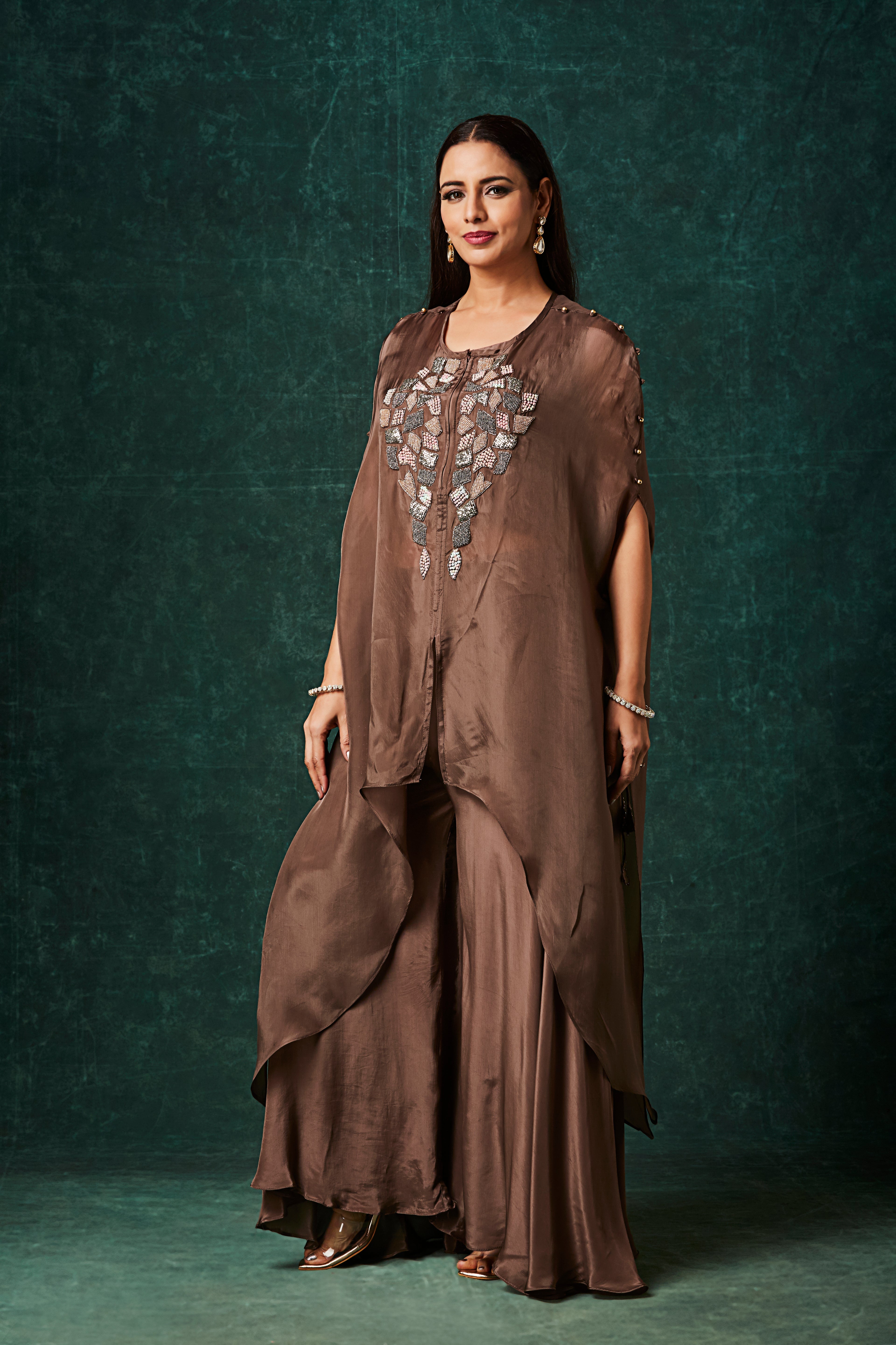 Dusty Coffee Brown Embellished Organza Silk Kaftan Set