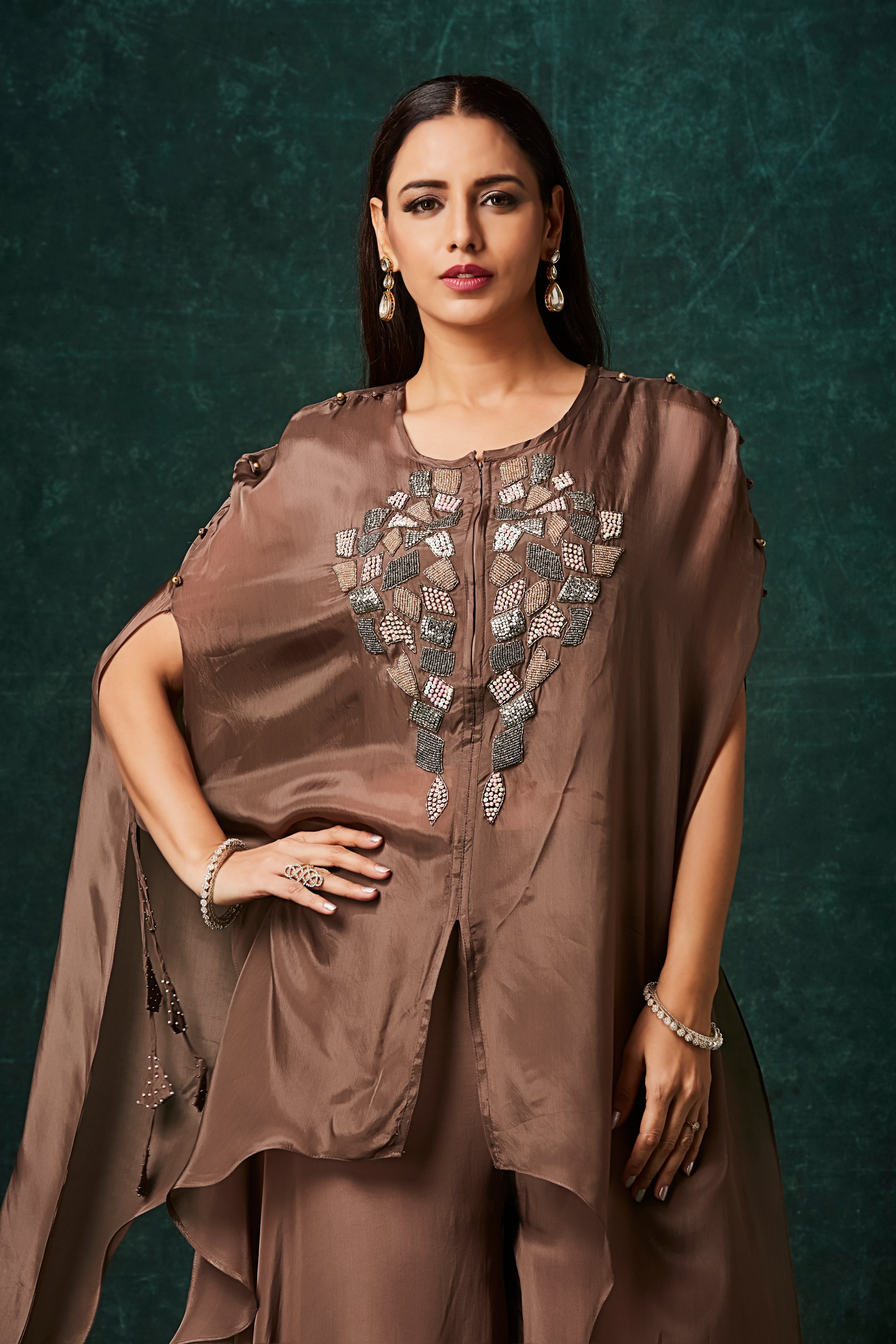Dusty Coffee Brown Embellished Organza Silk Kaftan Set