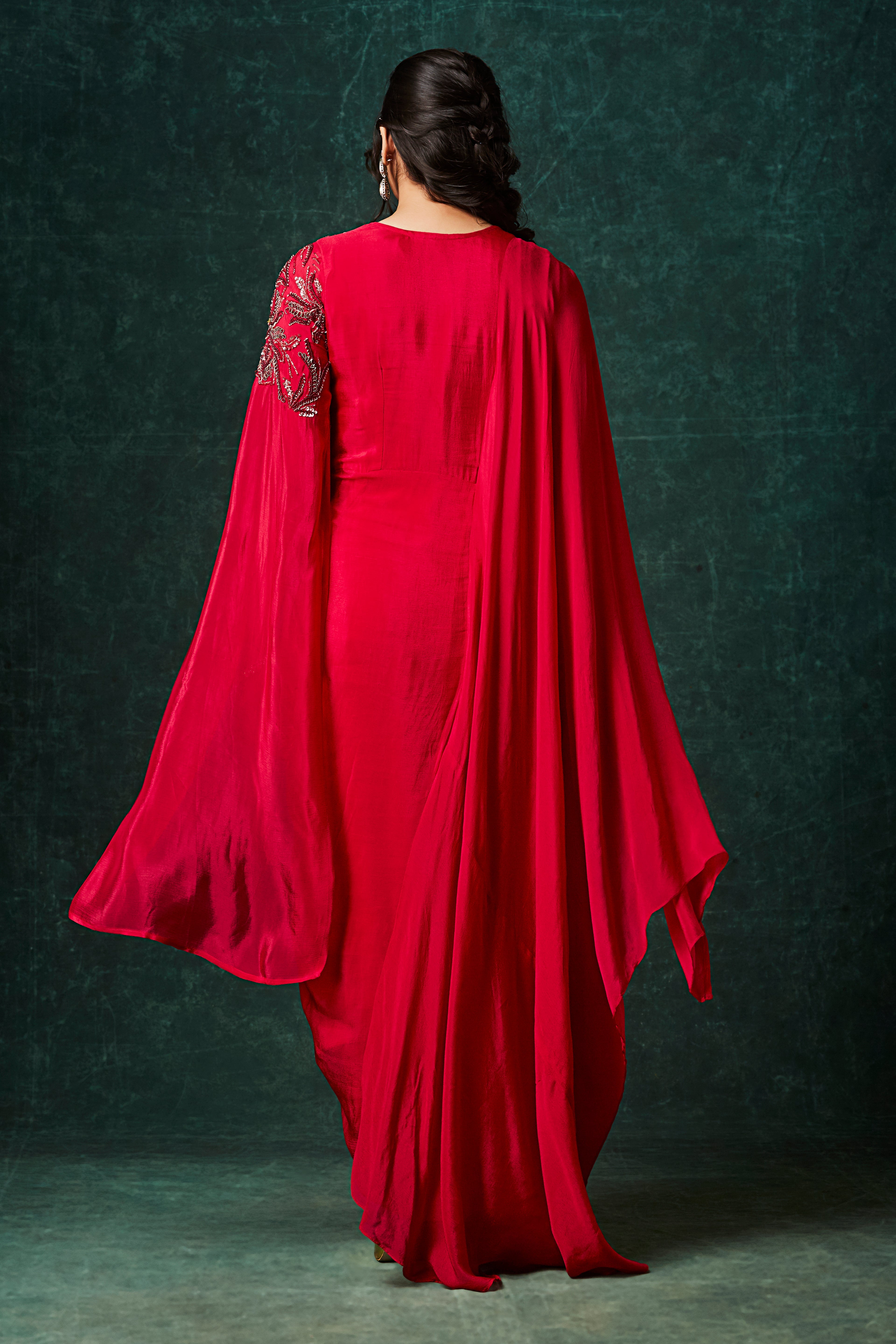 Ruby Red Embellished Chinon Silk Gown