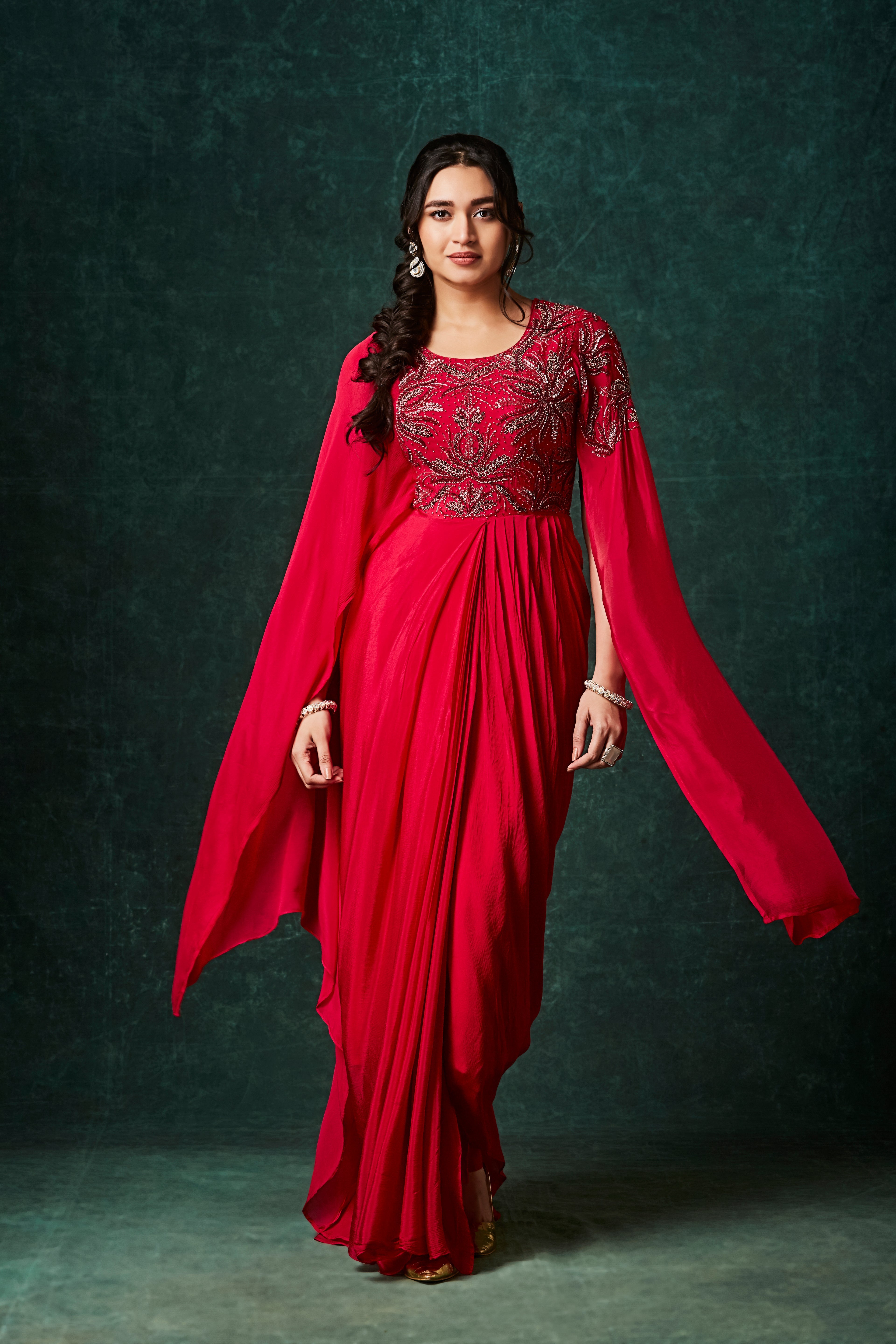 Ruby Red Embellished Chinon Silk Gown