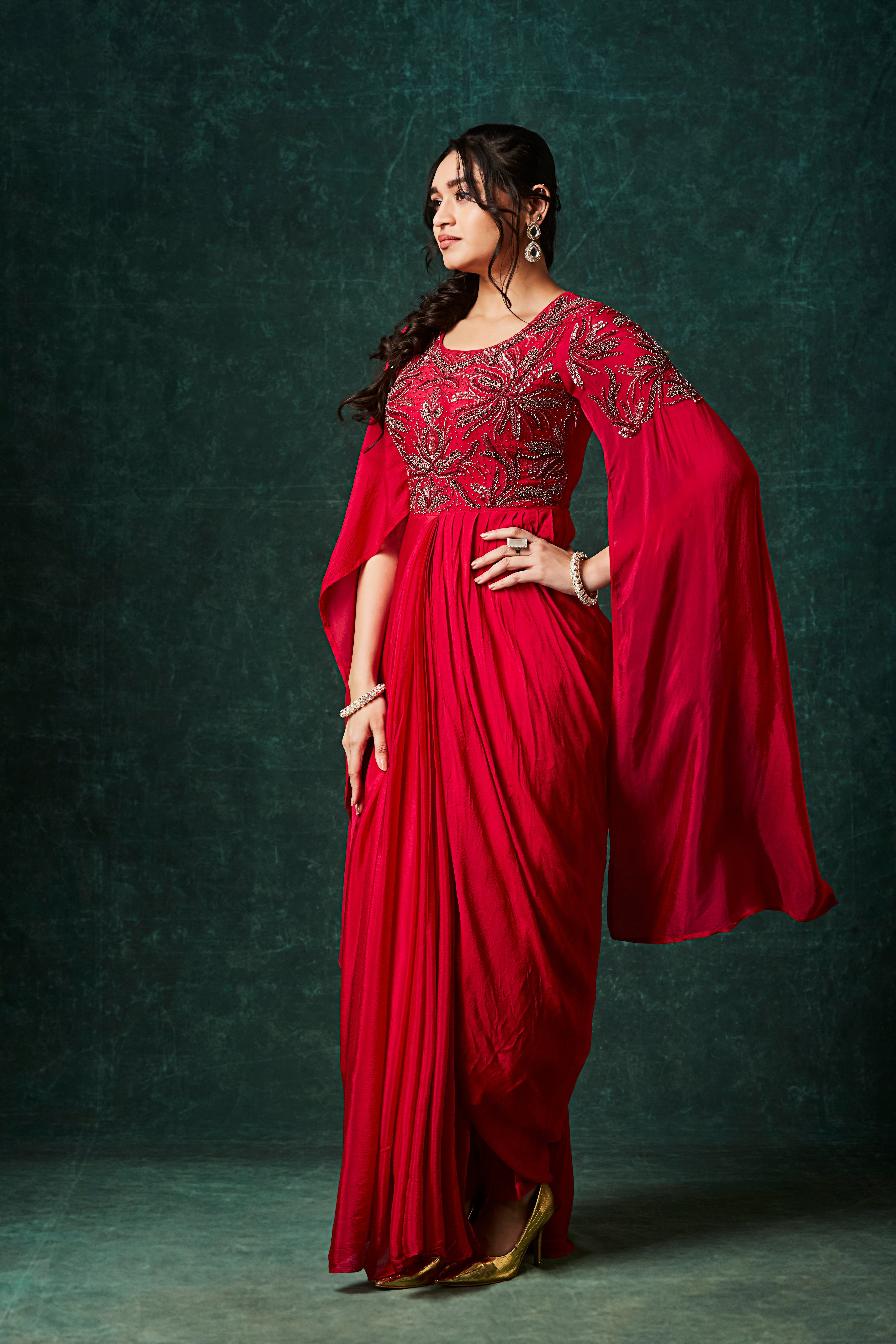 Ruby Red Embellished Chinon Silk Gown