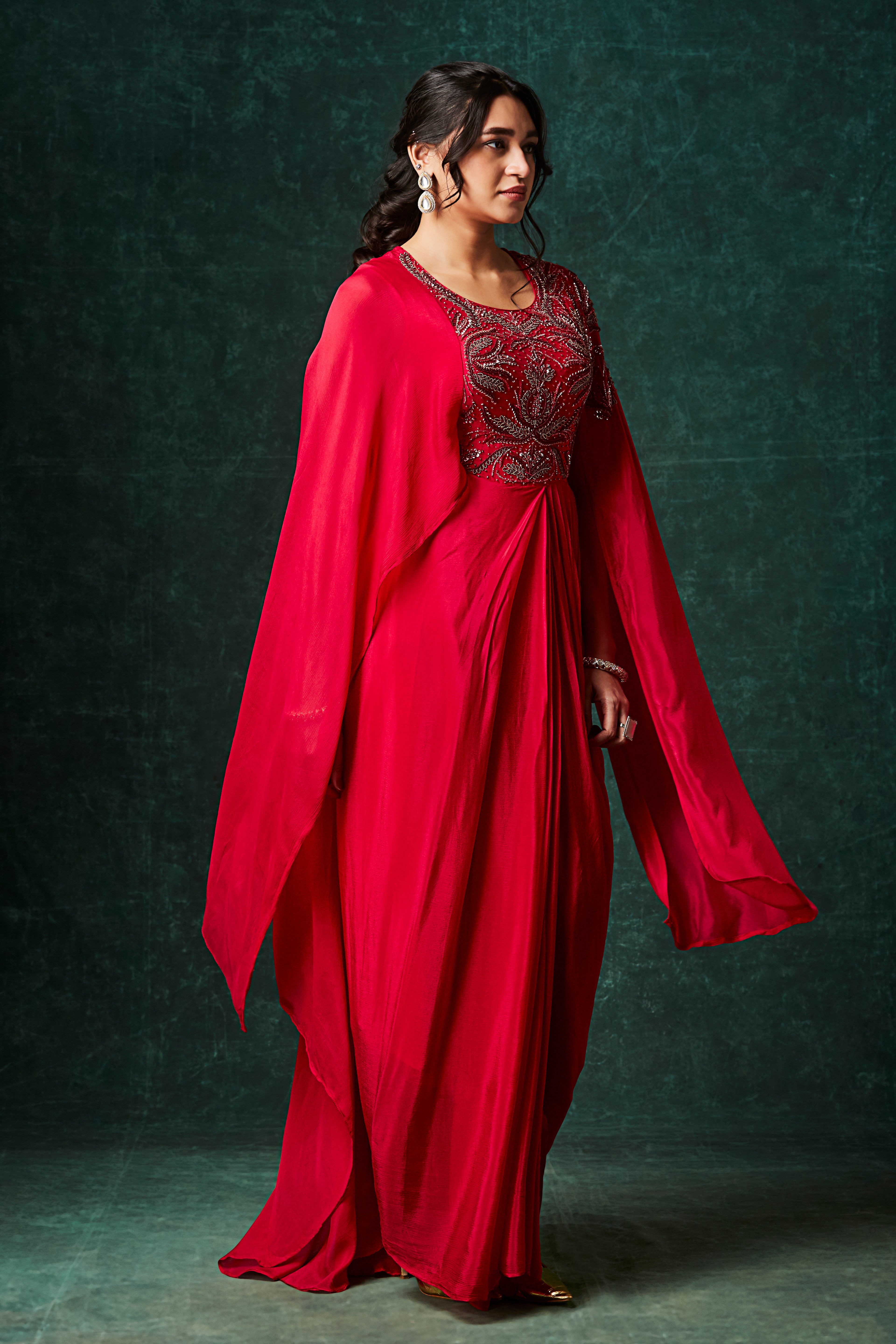 Ruby Red Embellished Chinon Silk Gown