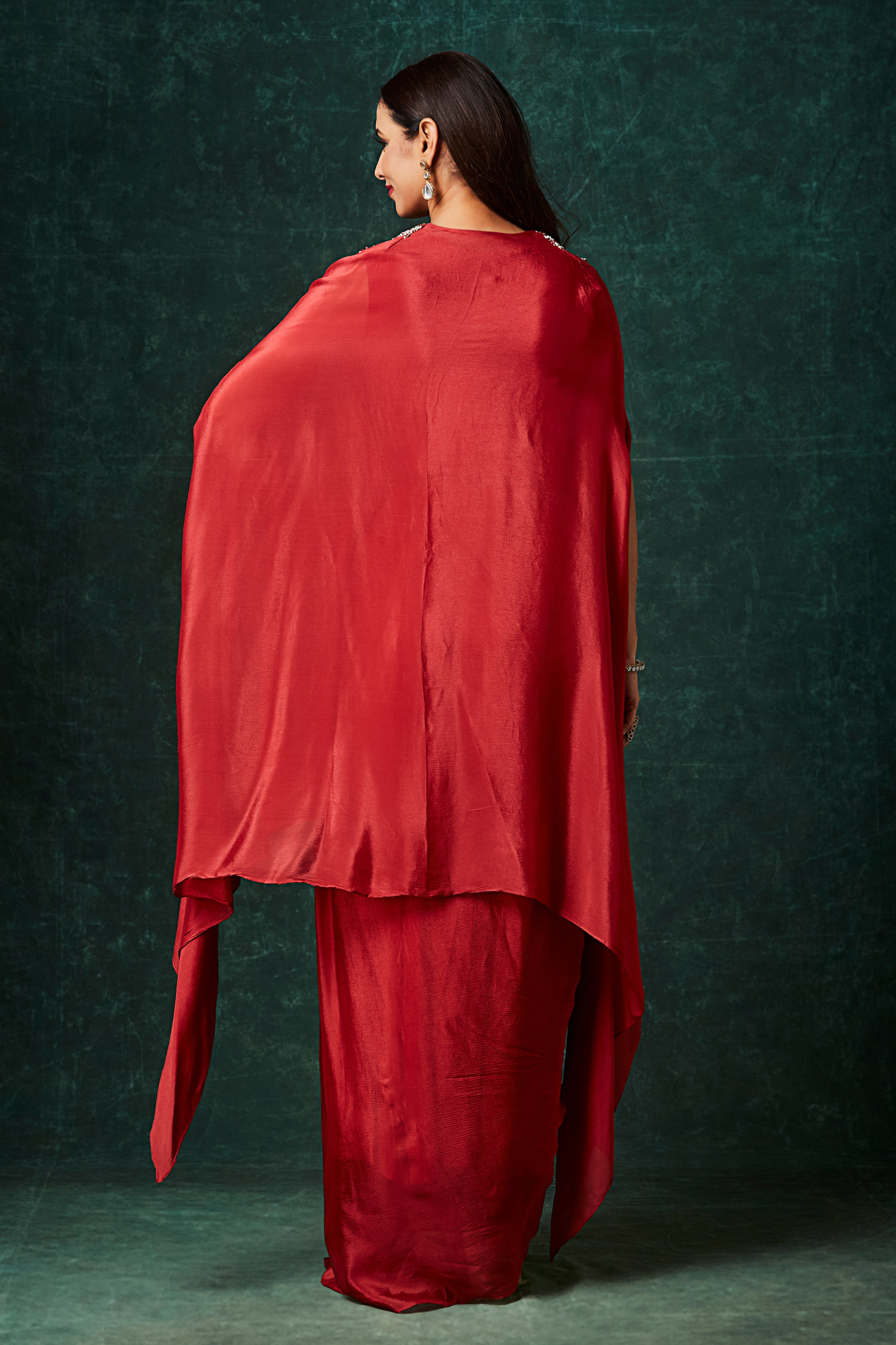 Dark Red Embellished Chinon Silk Cape Set