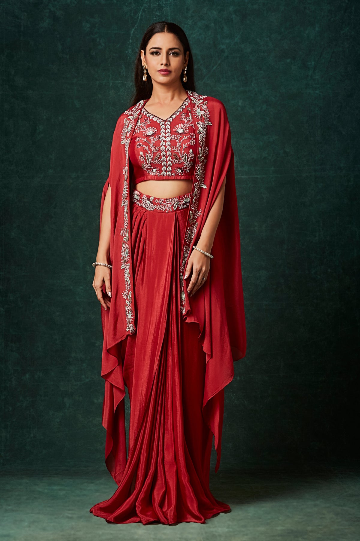 Dark Red Embellished Chinon Silk Cape Skirt Set