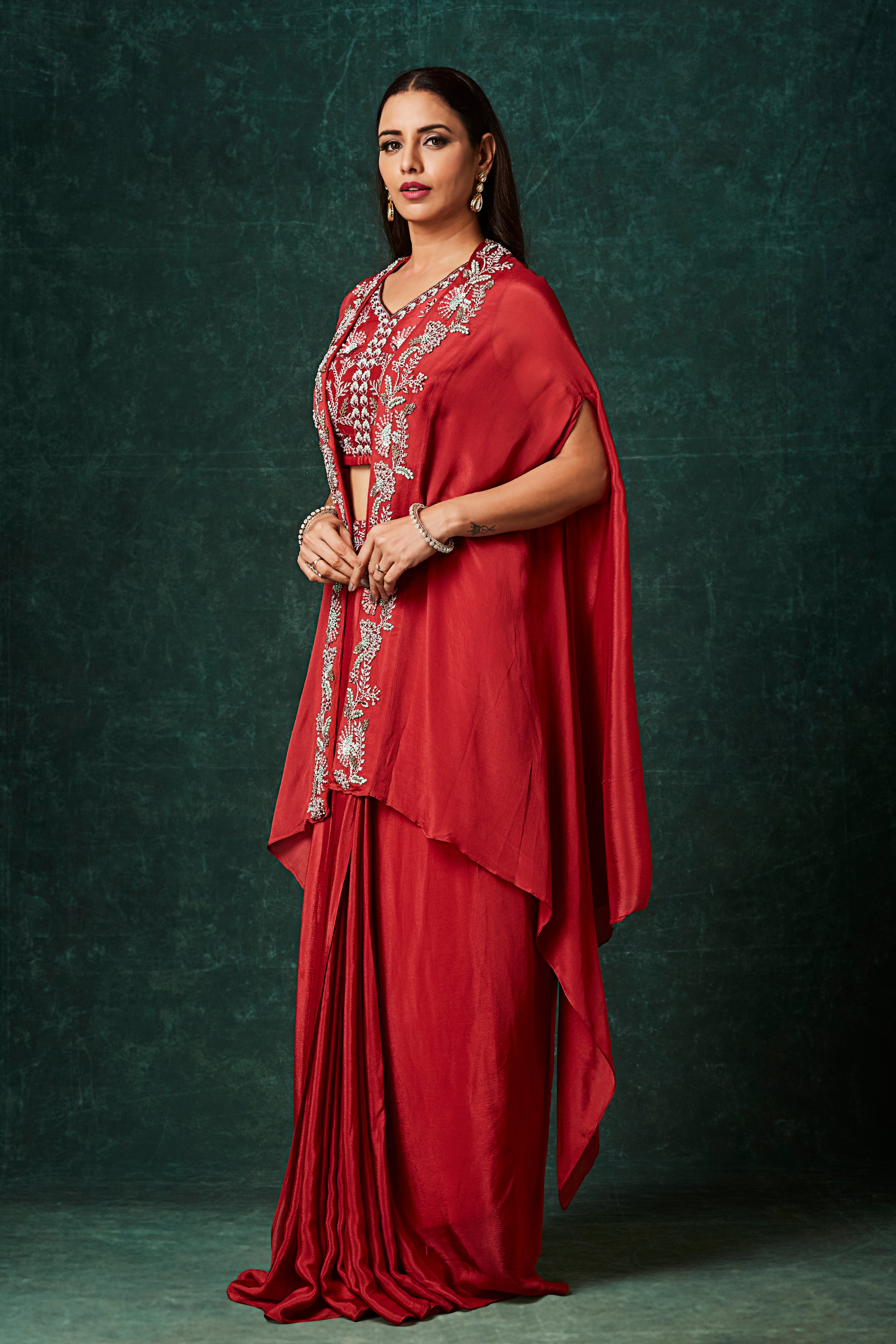 Dark Red Embellished Chinon Silk Cape Set