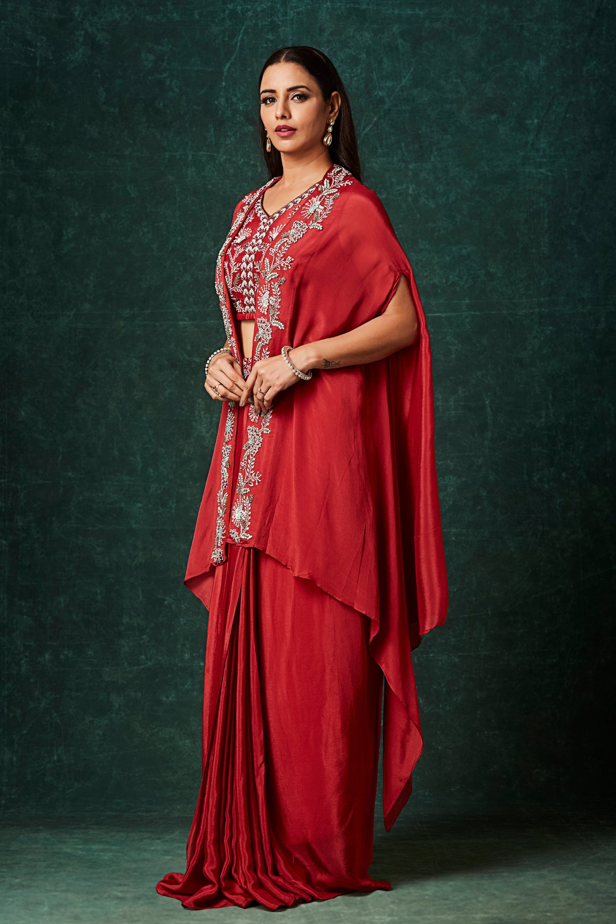 Dark Red Embellished Chinon Silk Cape Skirt Set
