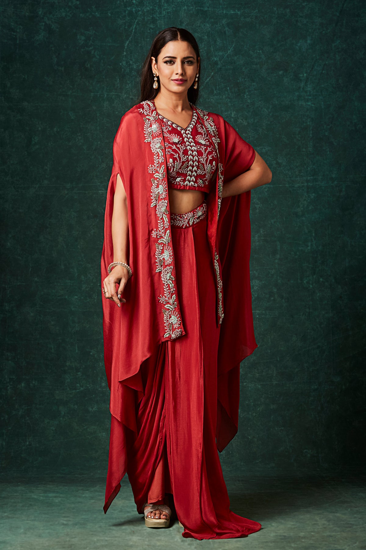 Dark Red Embellished Chinon Silk Cape Skirt Set
