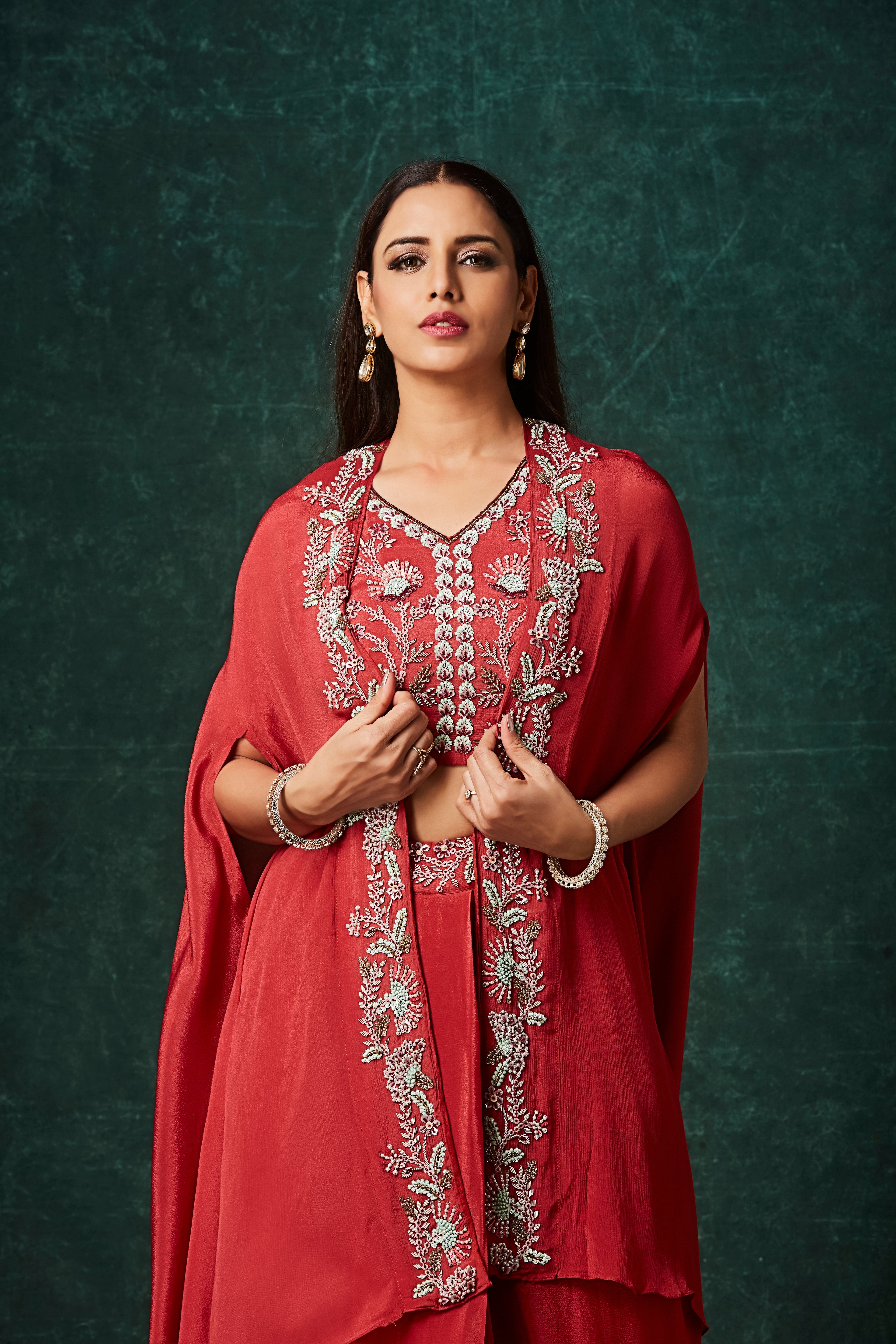 Dark Red Embellished Chinon Silk Cape Set