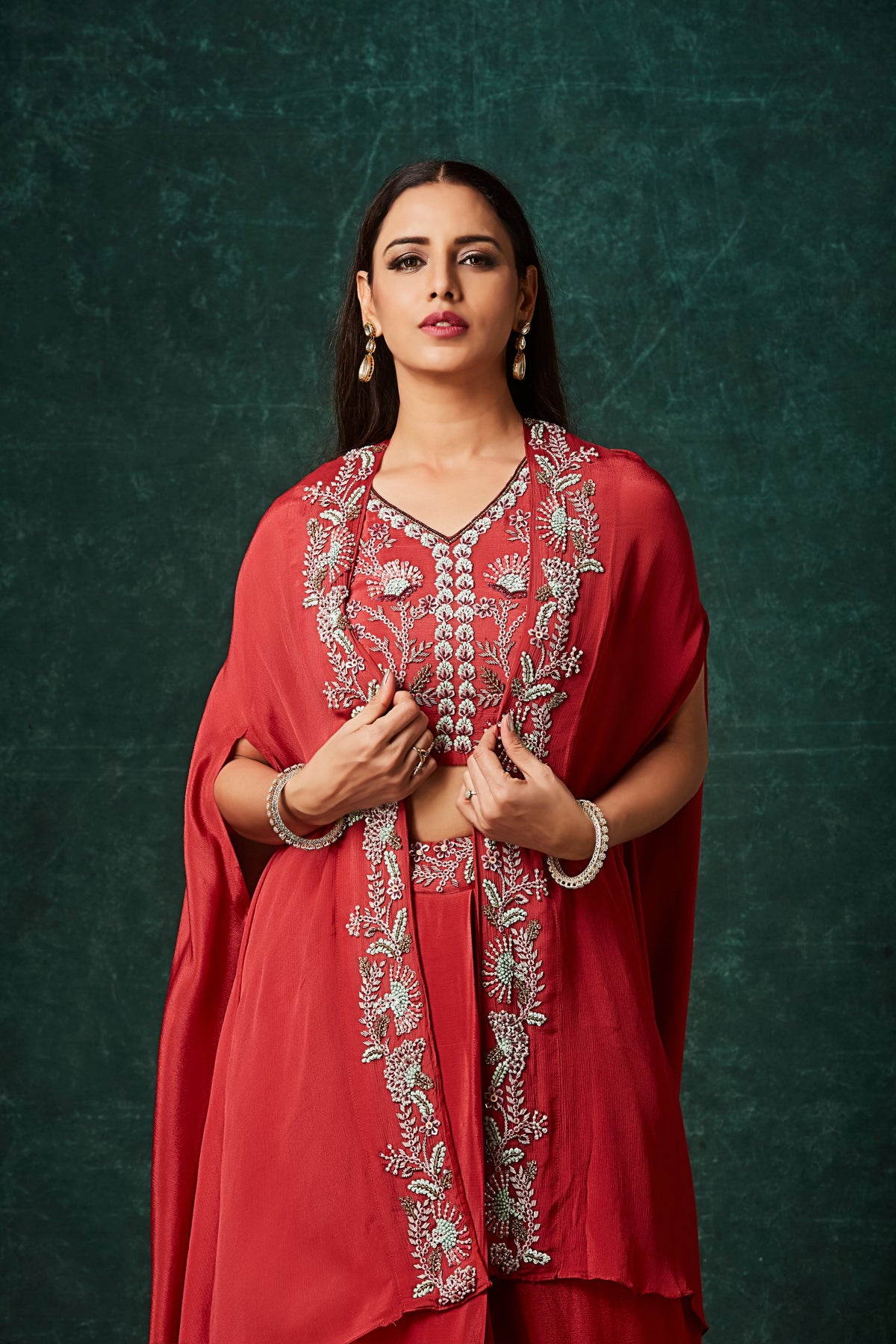 Dark Red Embellished Chinon Silk Cape Skirt Set