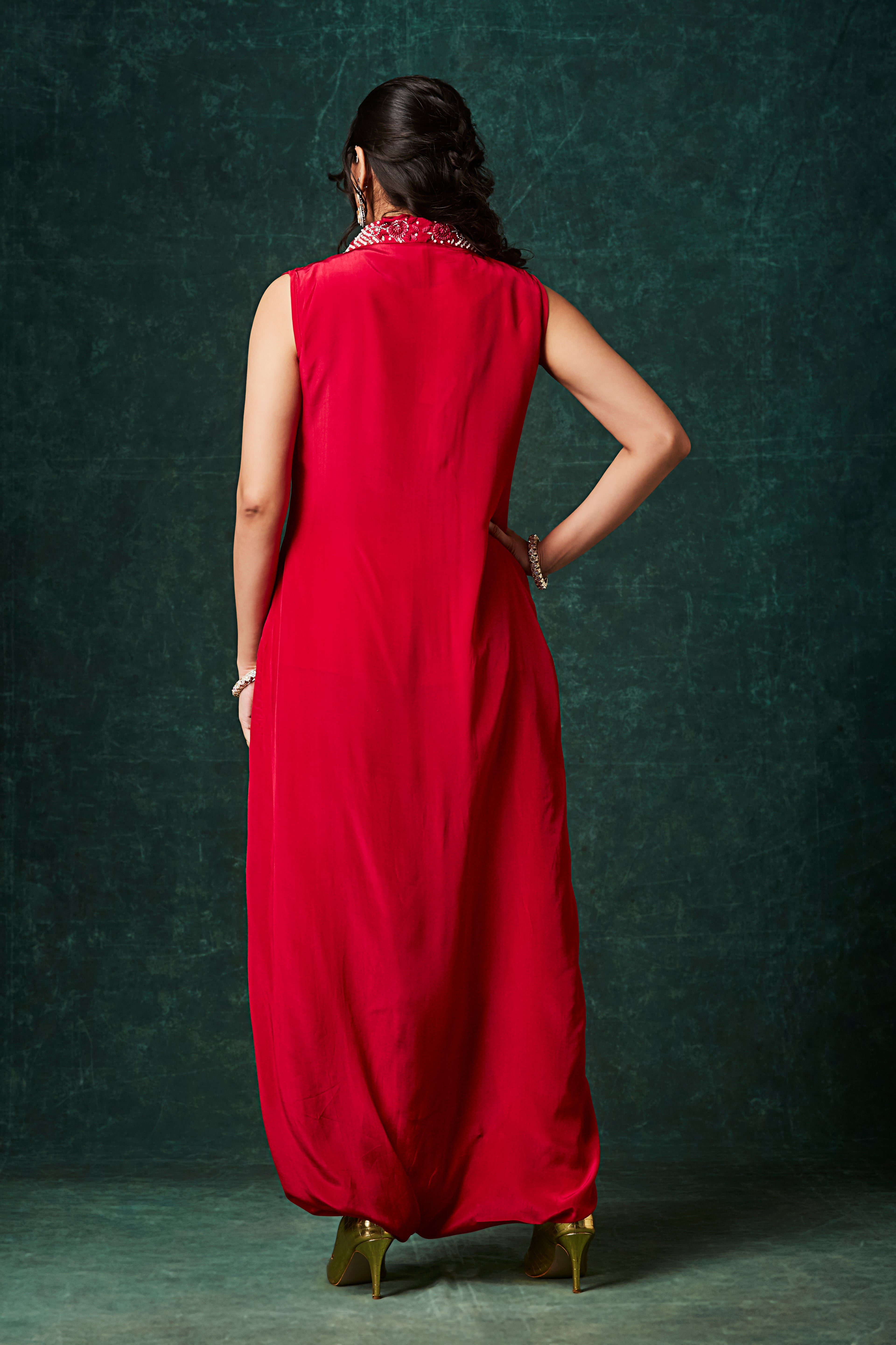 Rich Red Embellished Chinon Silk Cowl Dress