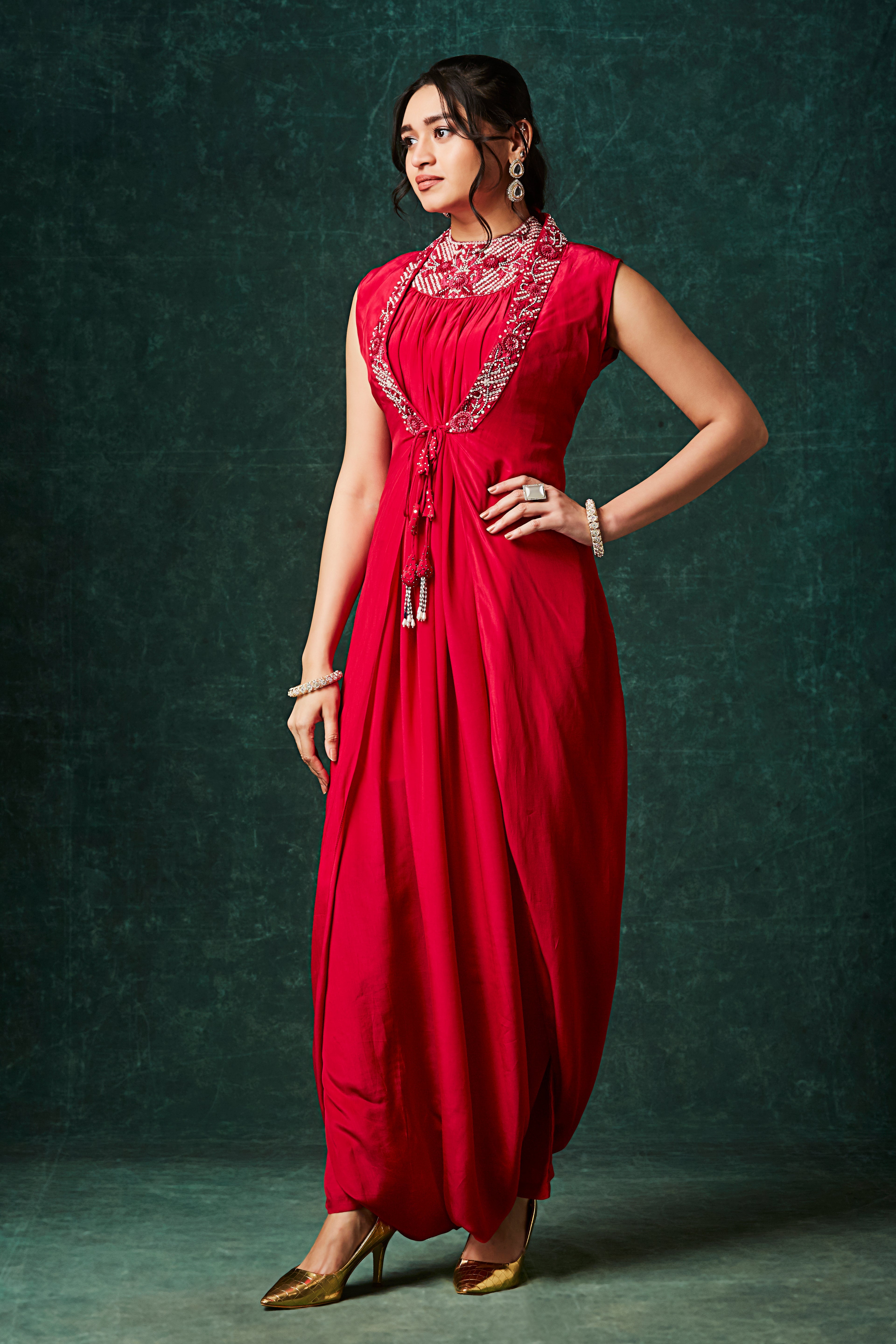 Rich Red Embellished Chinon Silk Cowl Dress