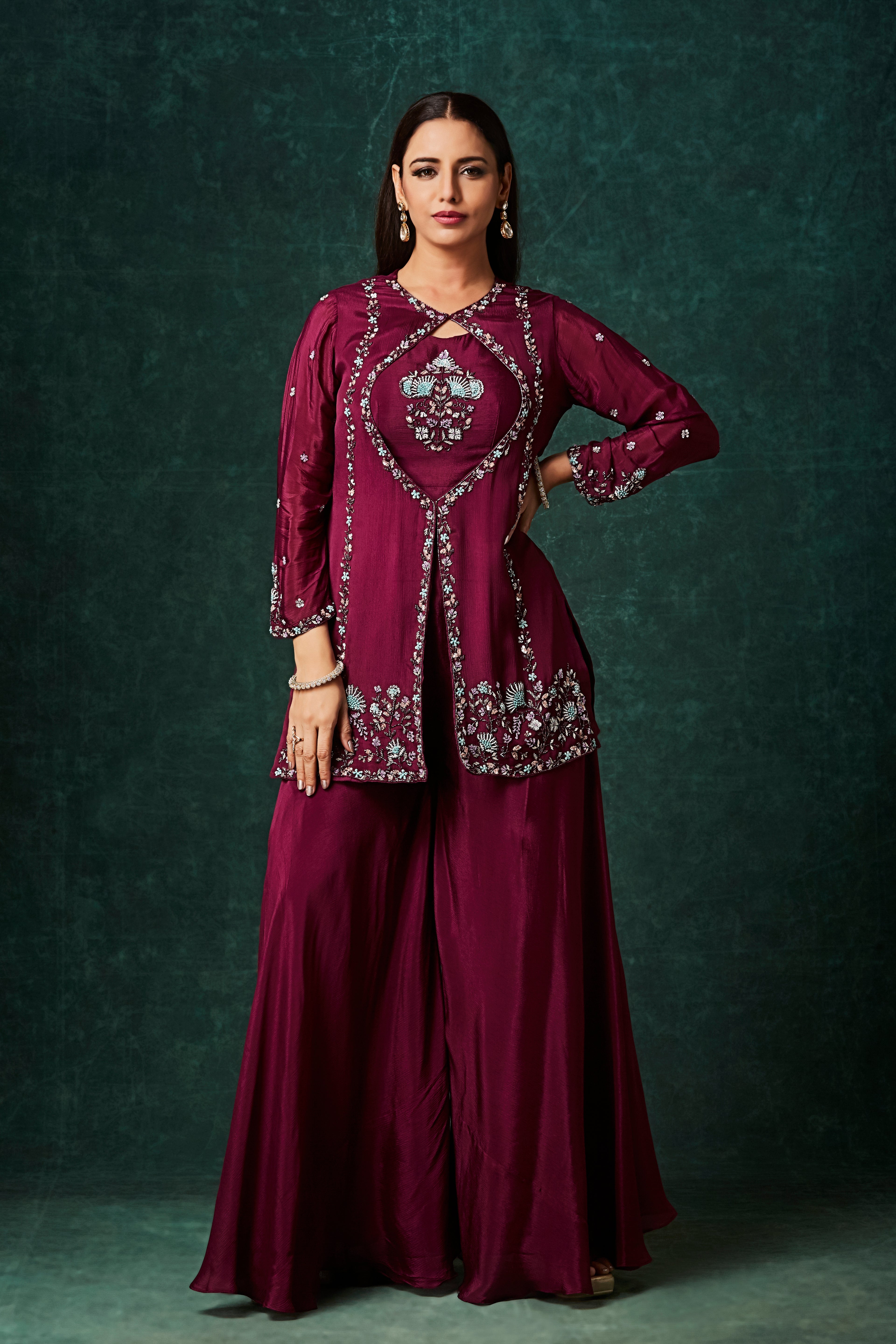 Wine Red Embellished Chinon Silk Palazzo Set