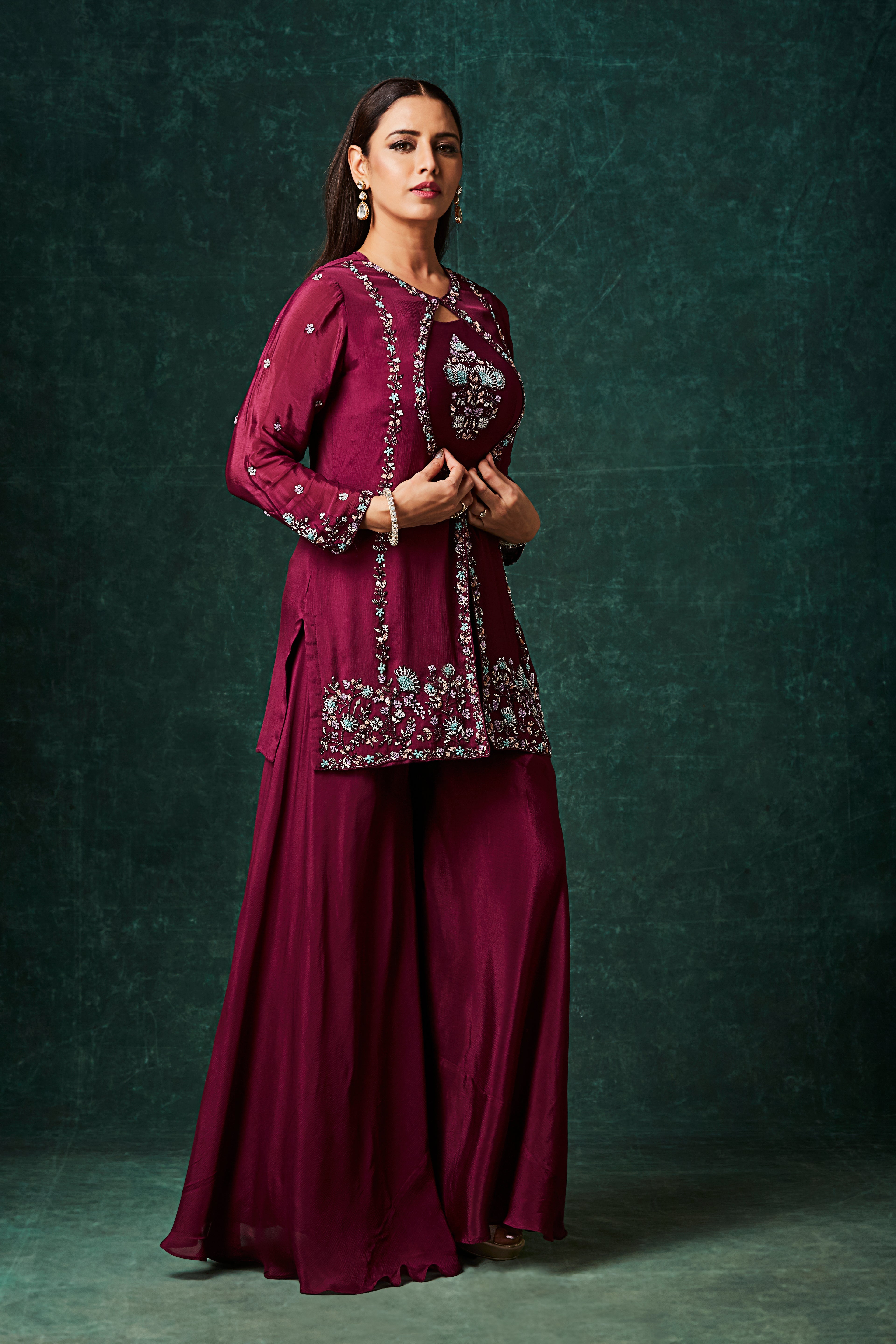 Wine Red Embellished Chinon Silk Palazzo Set