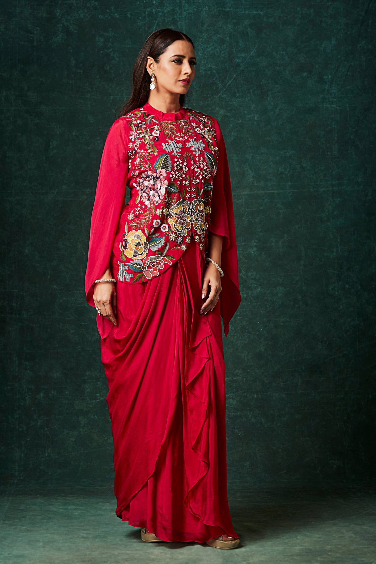 Vibrant Red Floral Embroidered Crepe Silk Skirt Set