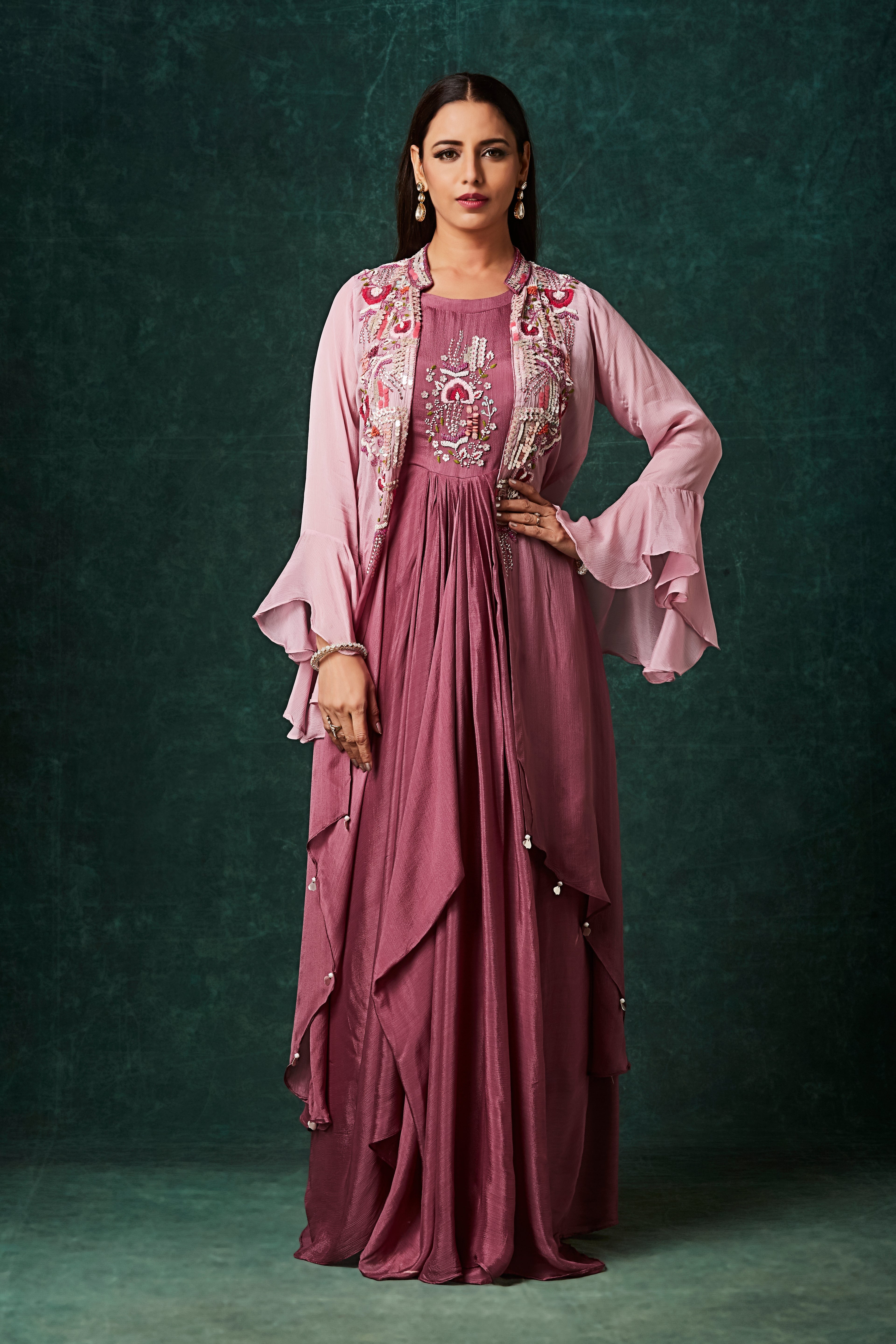 Dusty Pink Ombre Embellished Chinon Silk Gown