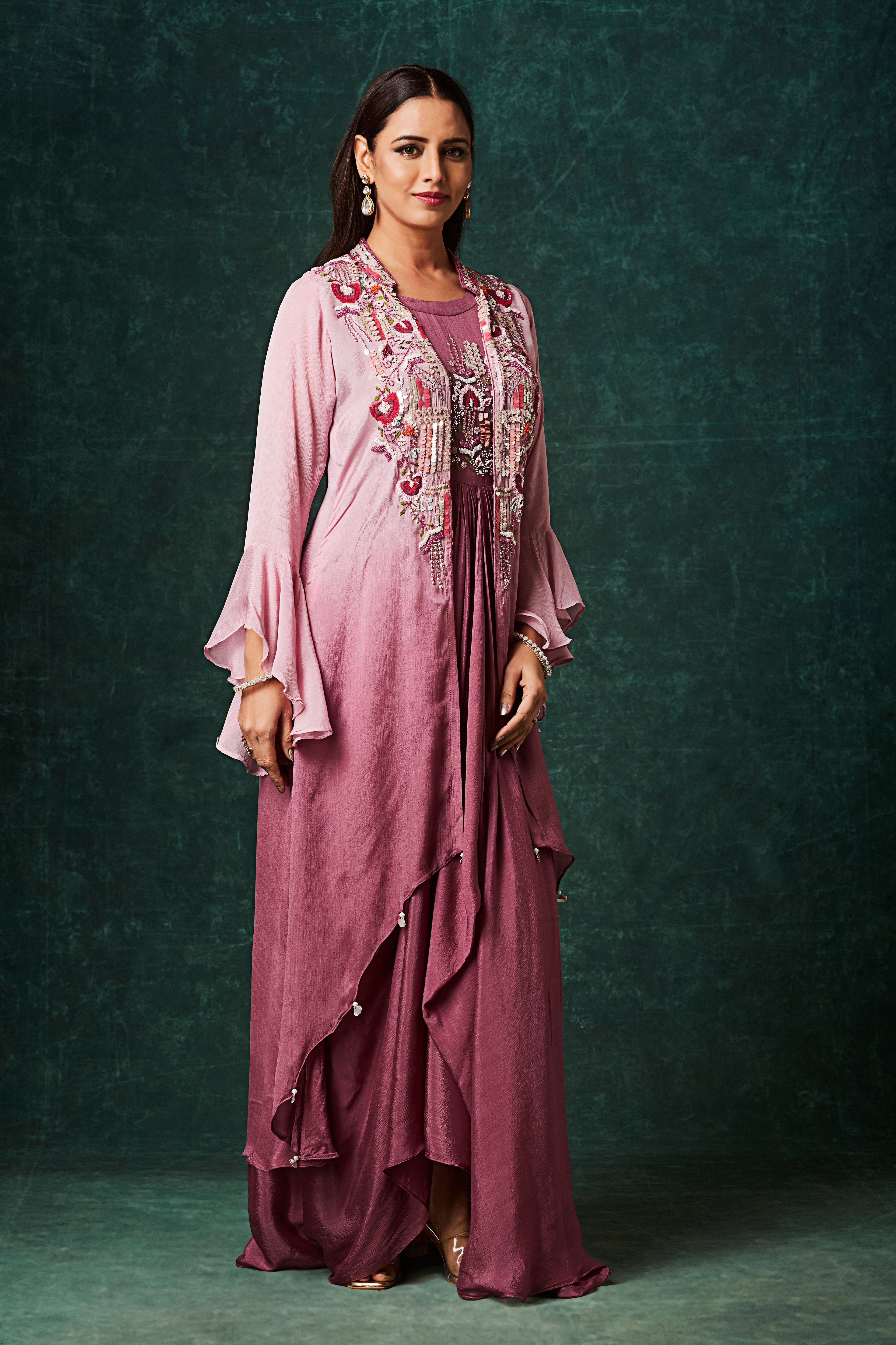 Dusty Pink Ombre Embellished Chinon Silk Gown