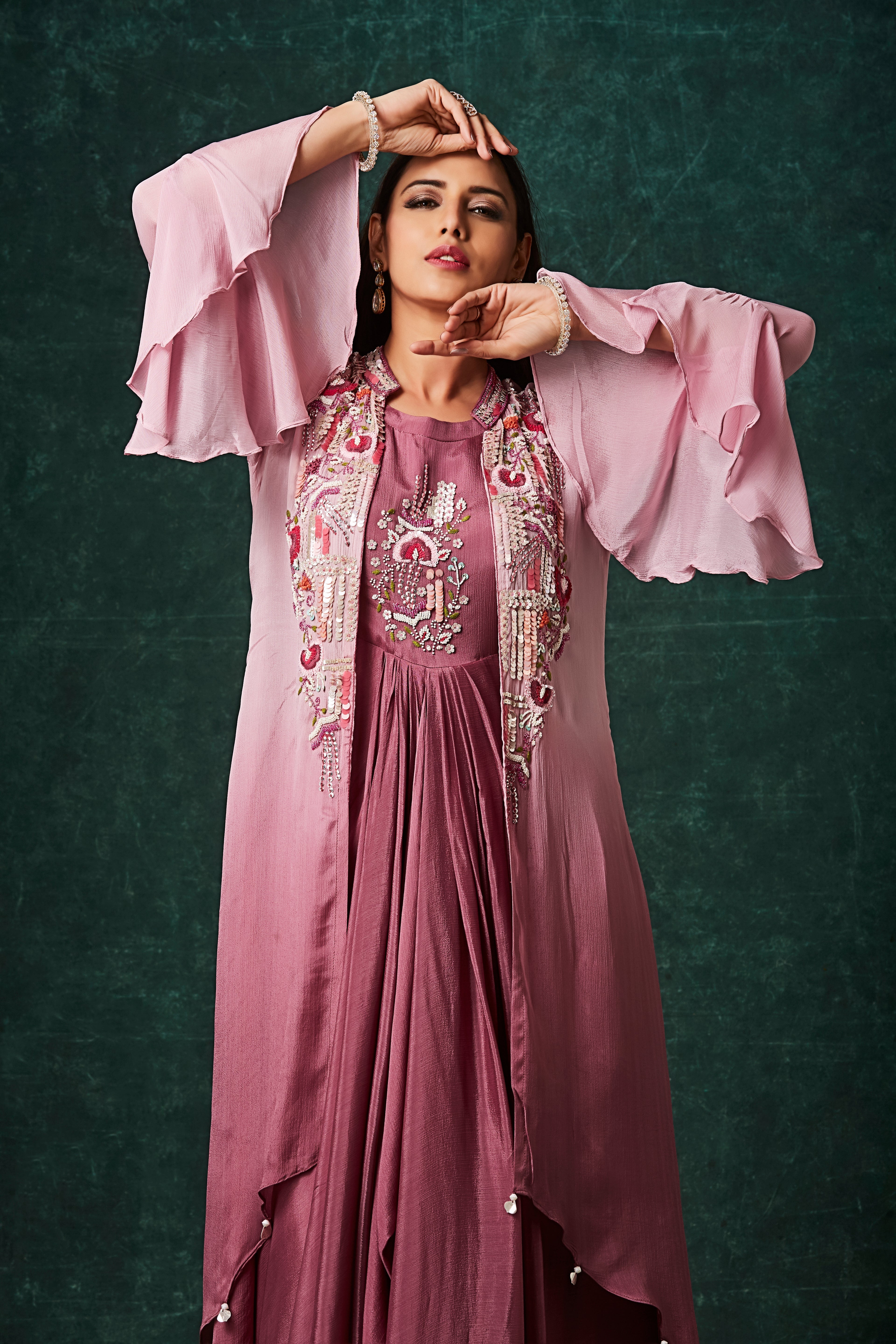 Dusty Pink Ombre Embellished Chinon Silk Gown