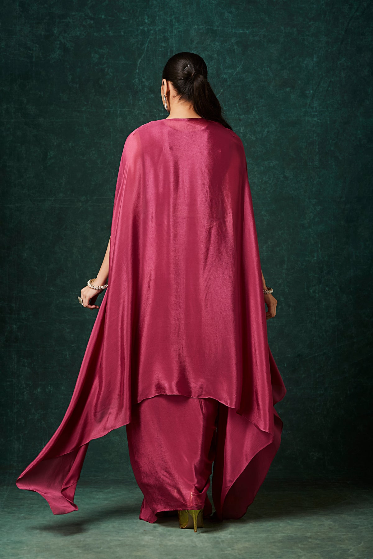 Rich Pink Embellished Chinon Silk Cape Skirt Set