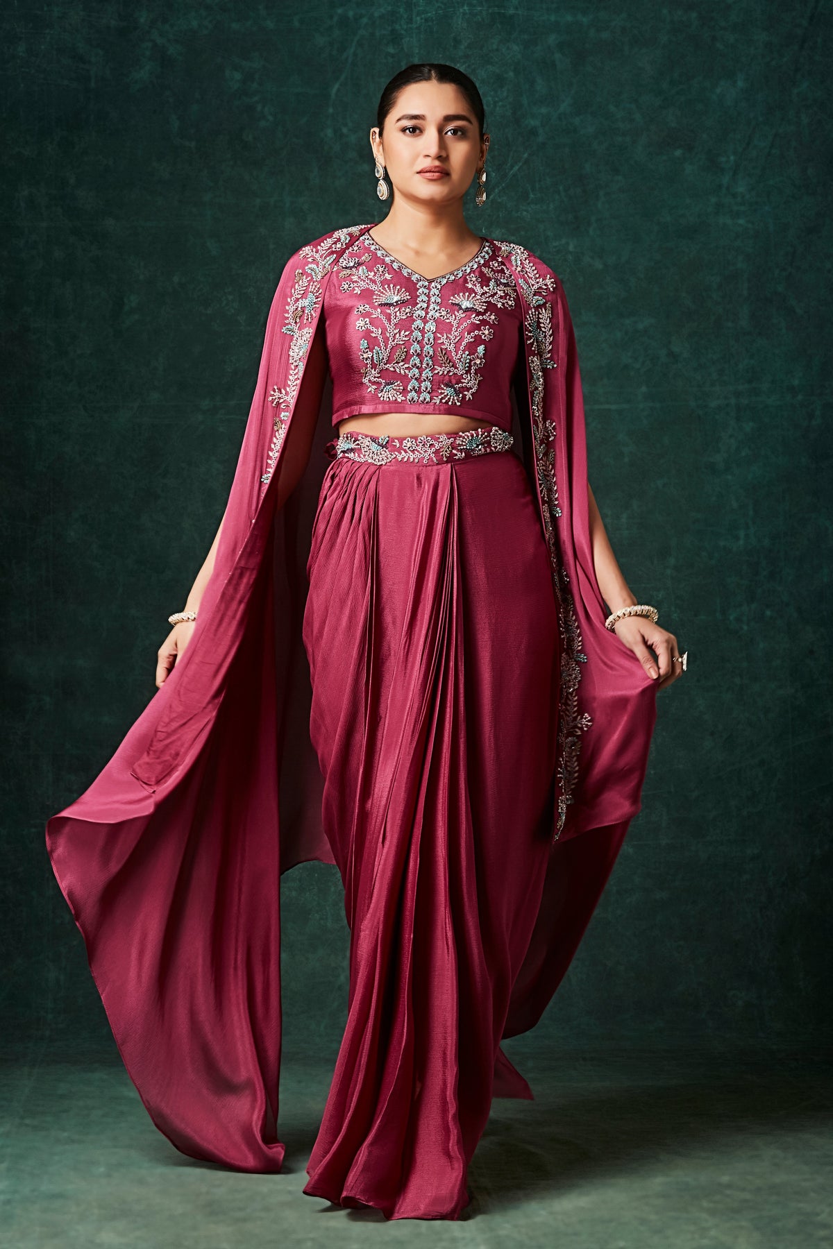 Rich Pink Embellished Chinon Silk Cape Skirt Set