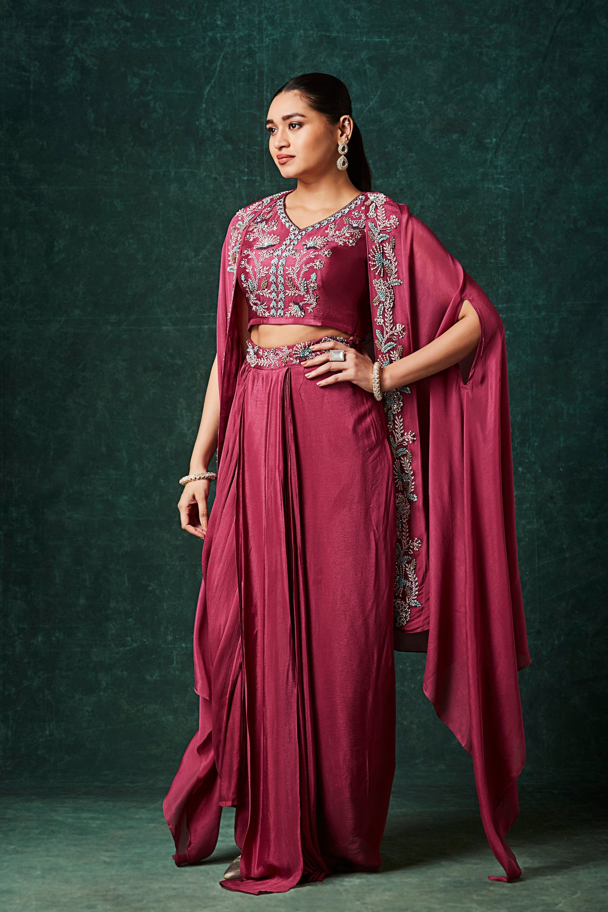Rich Pink Embellished Chinon Silk Cape Skirt Set