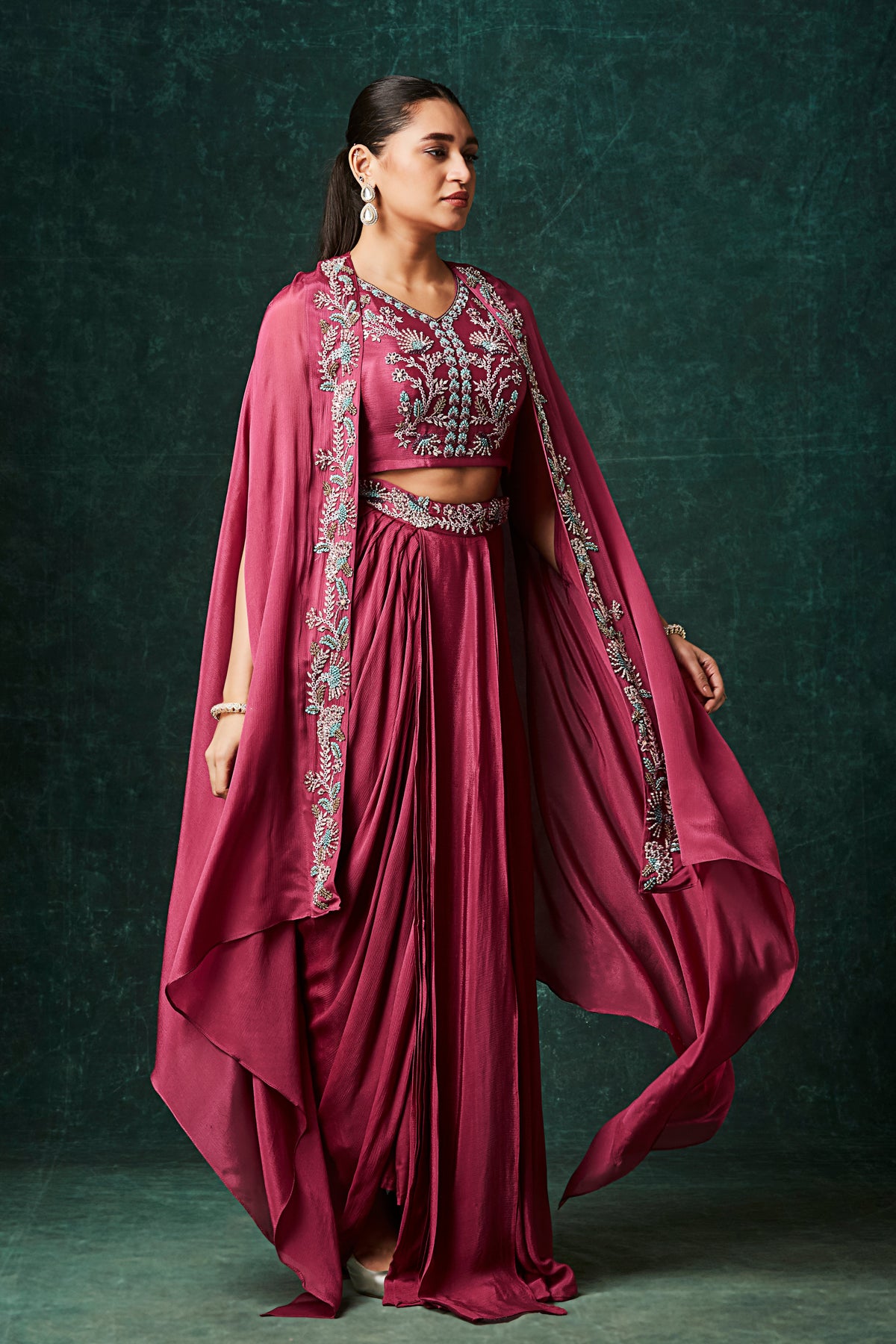 Rich Pink Embellished Chinon Silk Cape Skirt Set