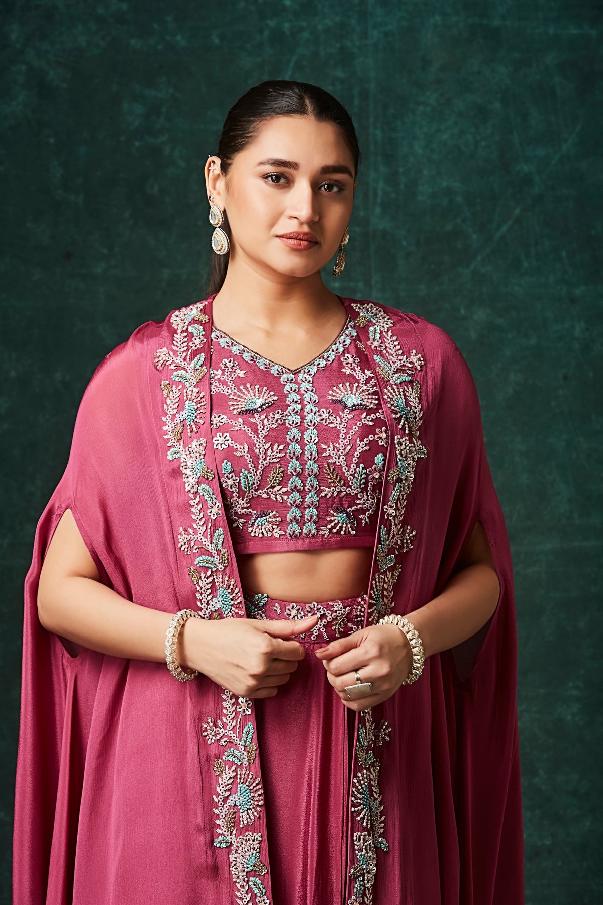 Rich Pink Embellished Chinon Silk Cape Skirt Set
