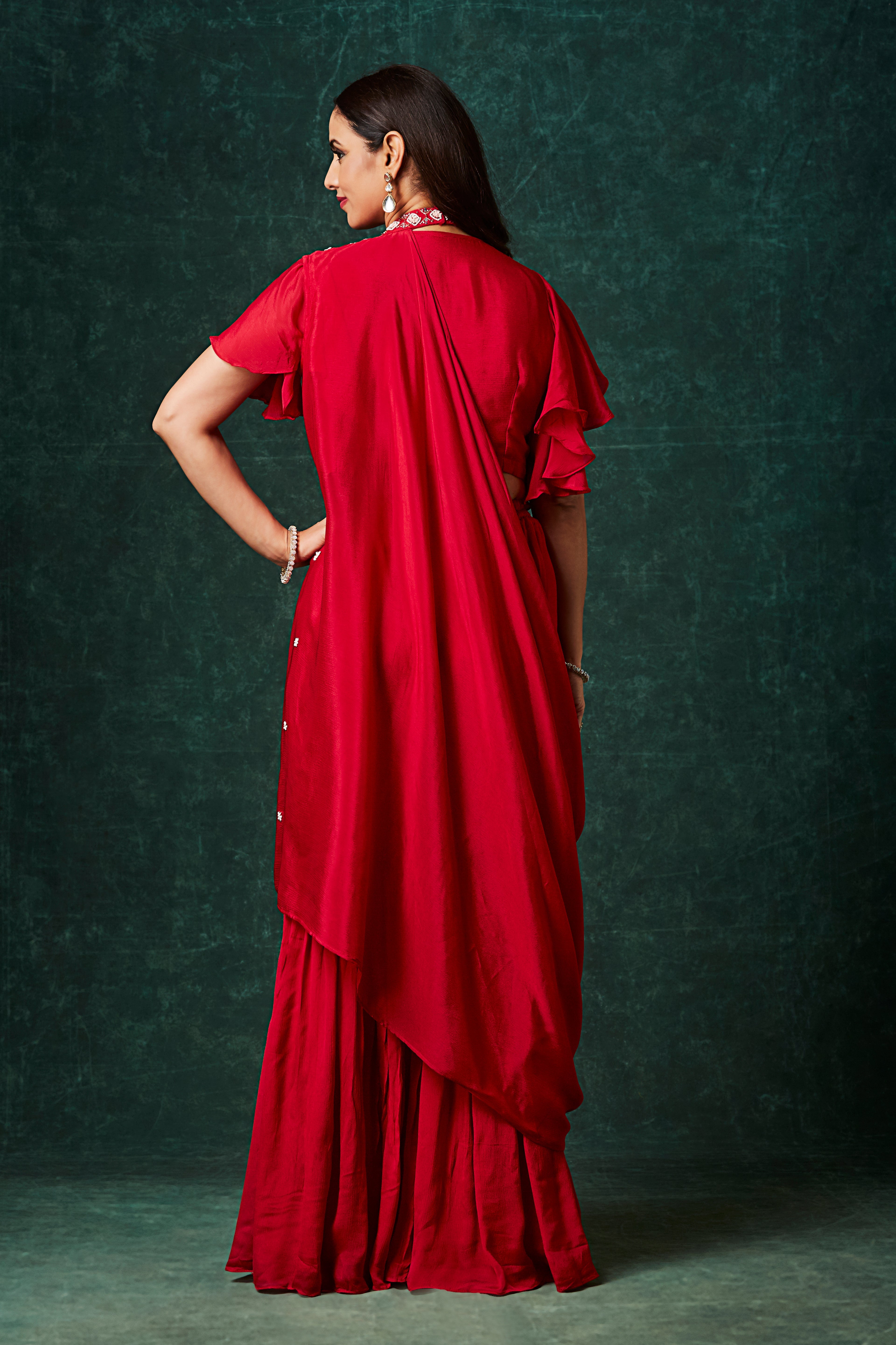 Scarlet Red Embellished Chinon Silk Palazzo Set