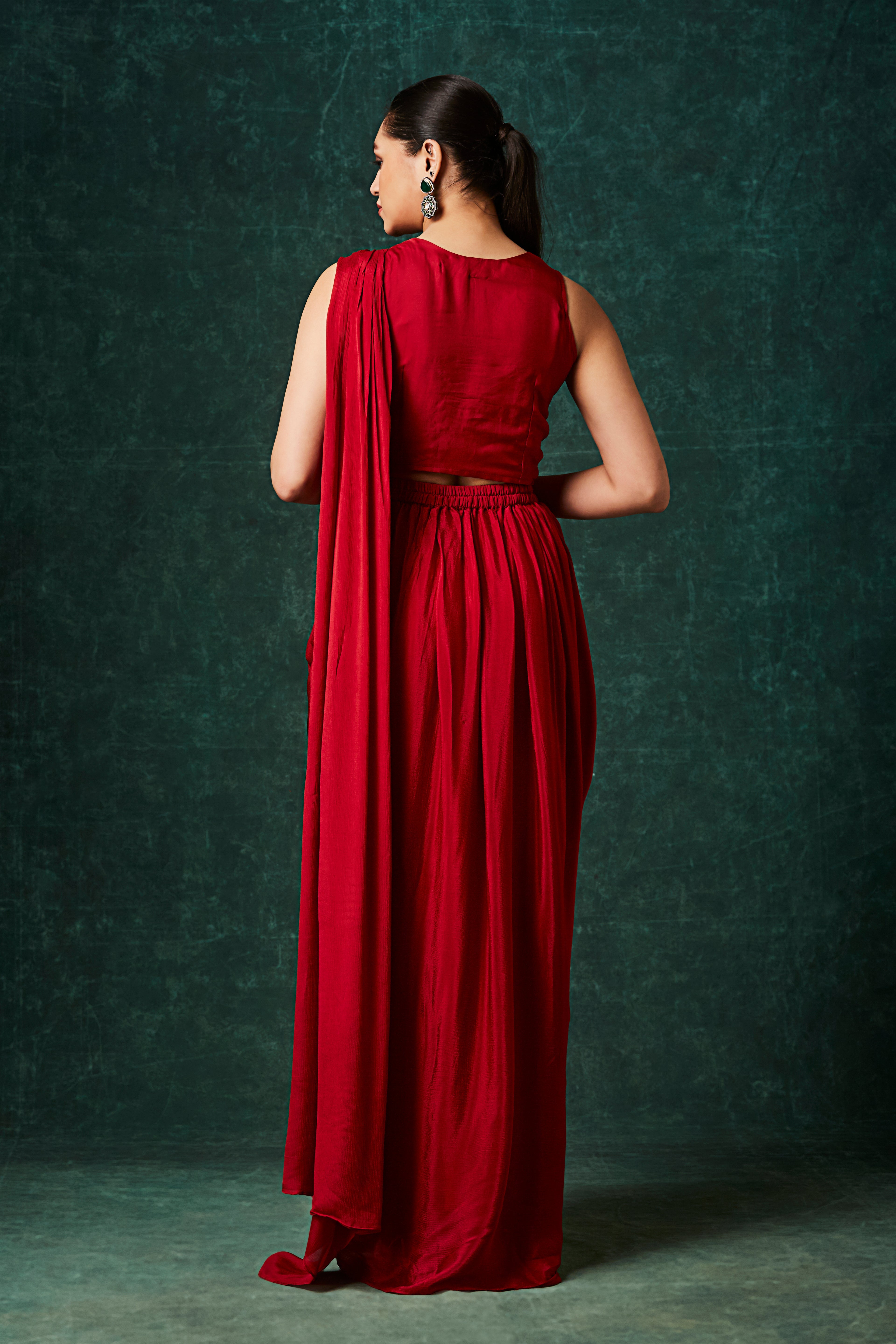 Hot Red Embellished Chinon Silk Drape Saree