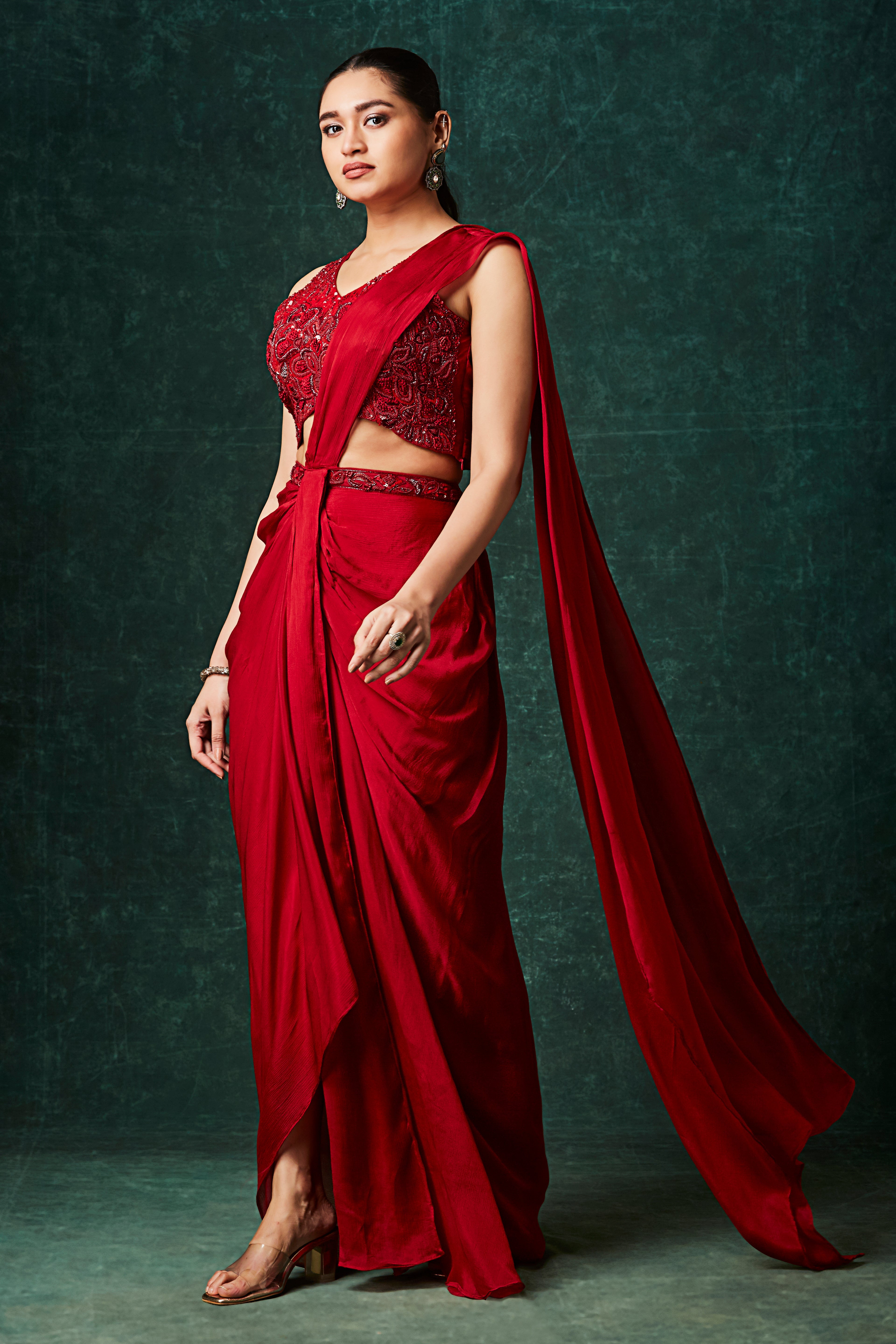 Hot Red Embellished Chinon Silk Drape Saree