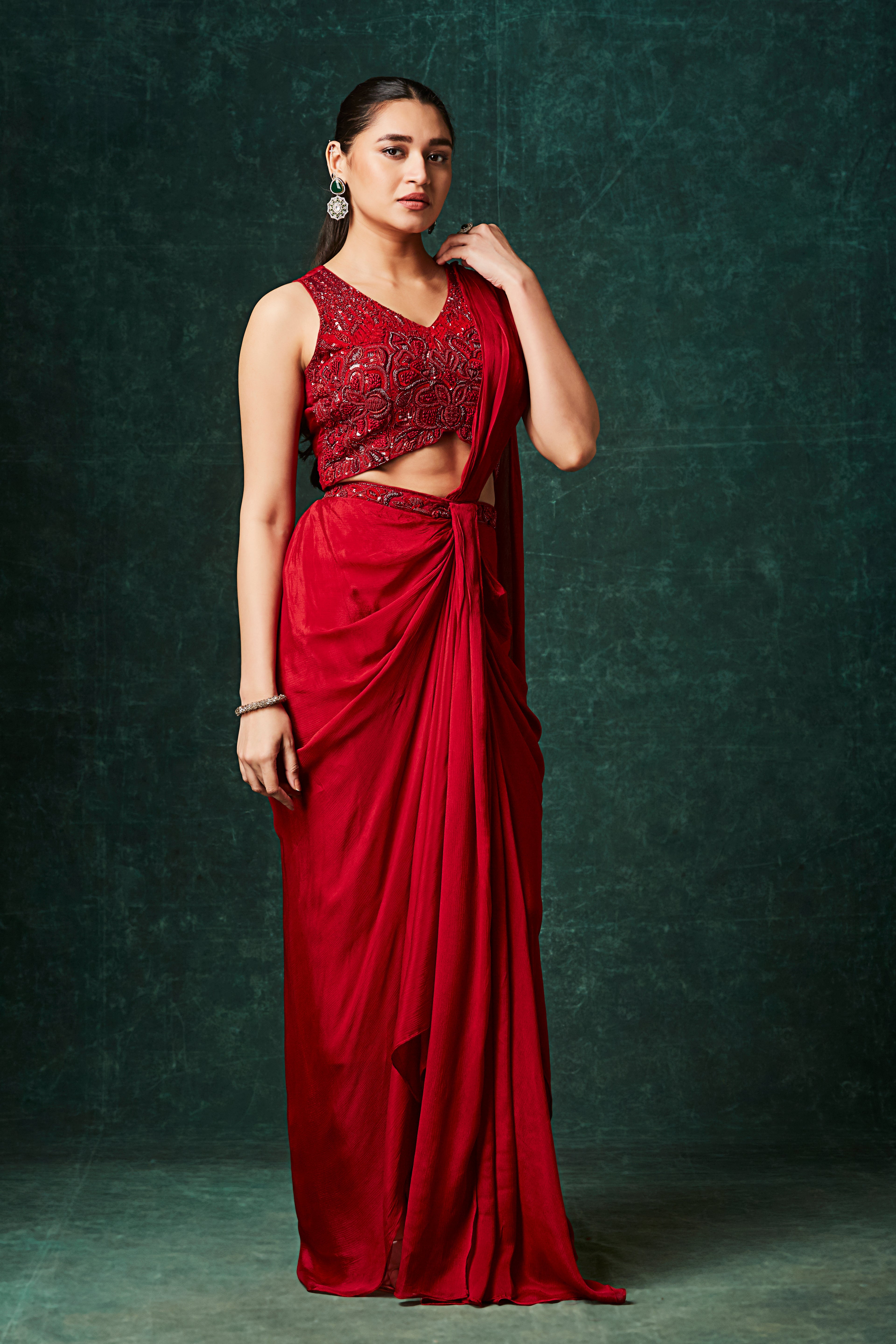 Hot Red Embellished Chinon Silk Drape Saree