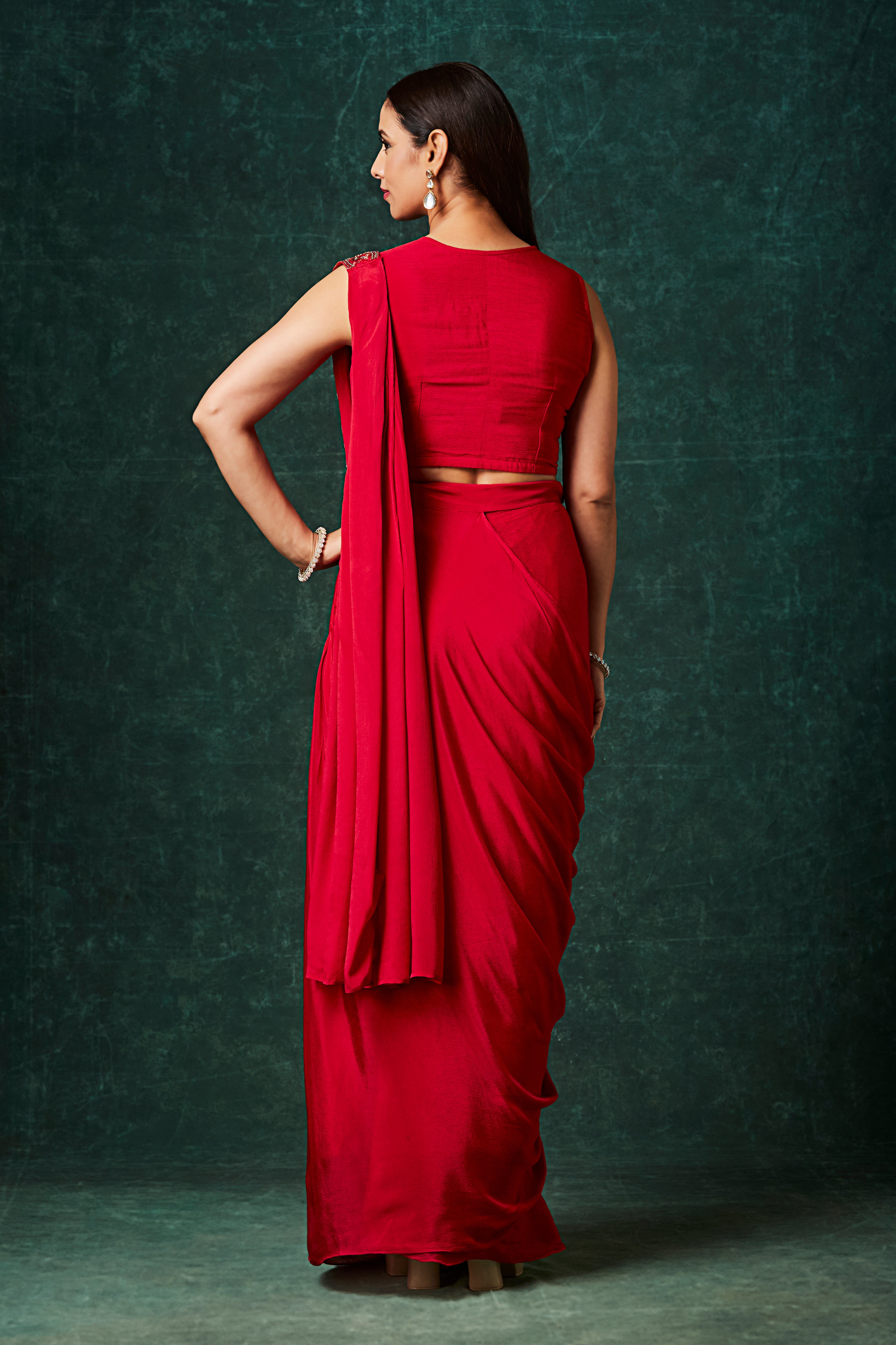 Rich Red Embellished Crepe Silk Drape Saree