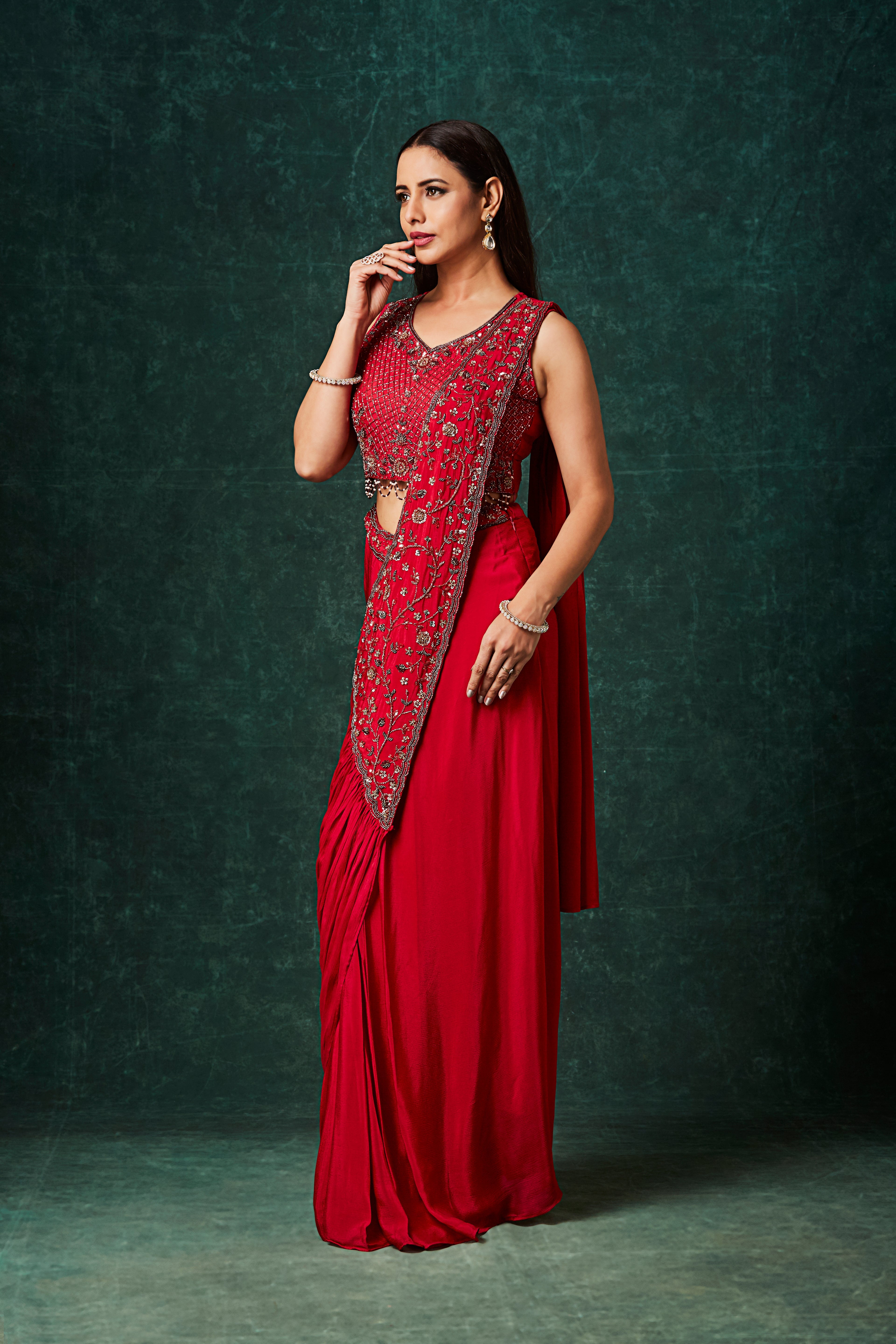 Rich Red Embellished Crepe Silk Drape Saree