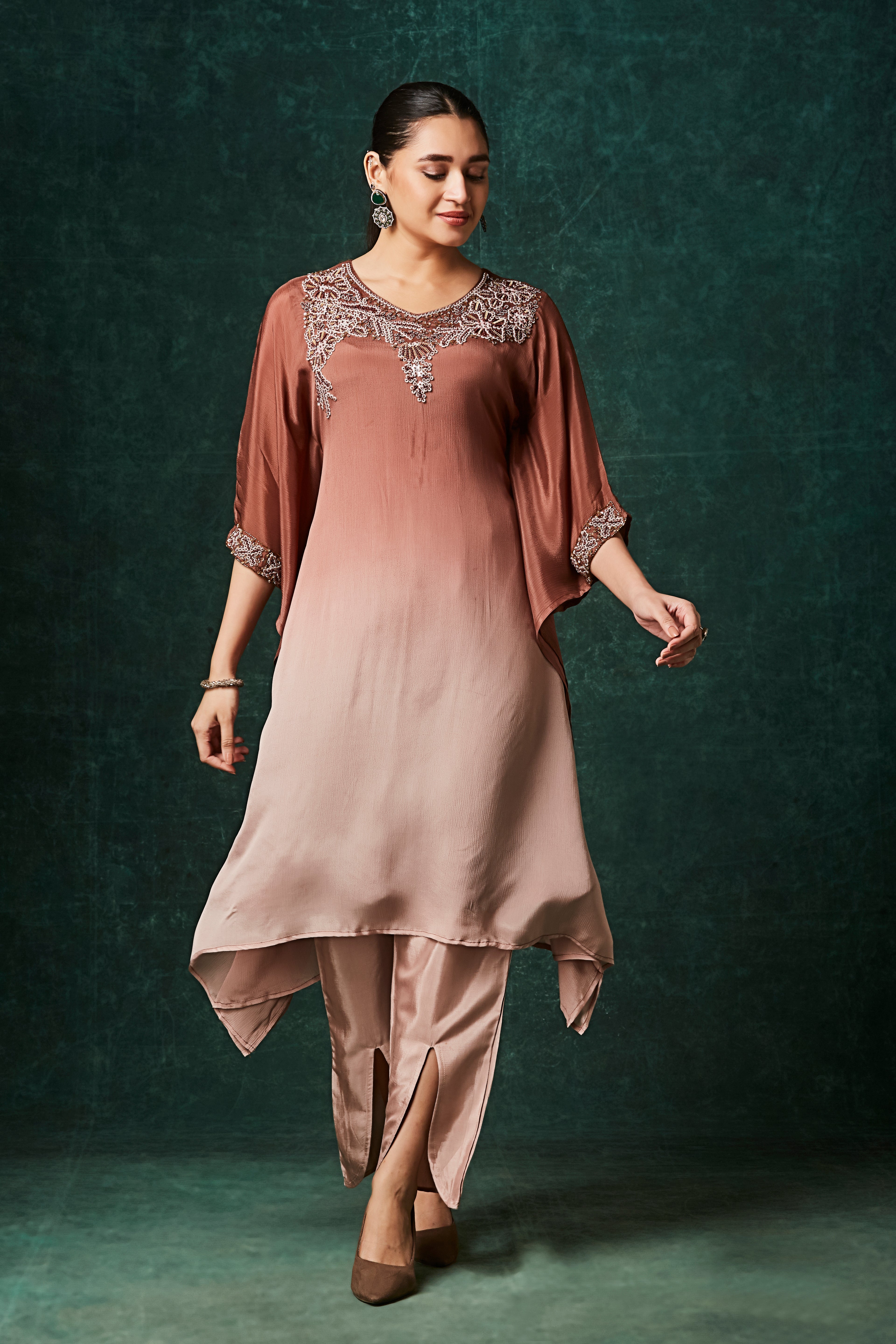 Copper Brown Ombre Embellished Chinon Silk Kaftan Set