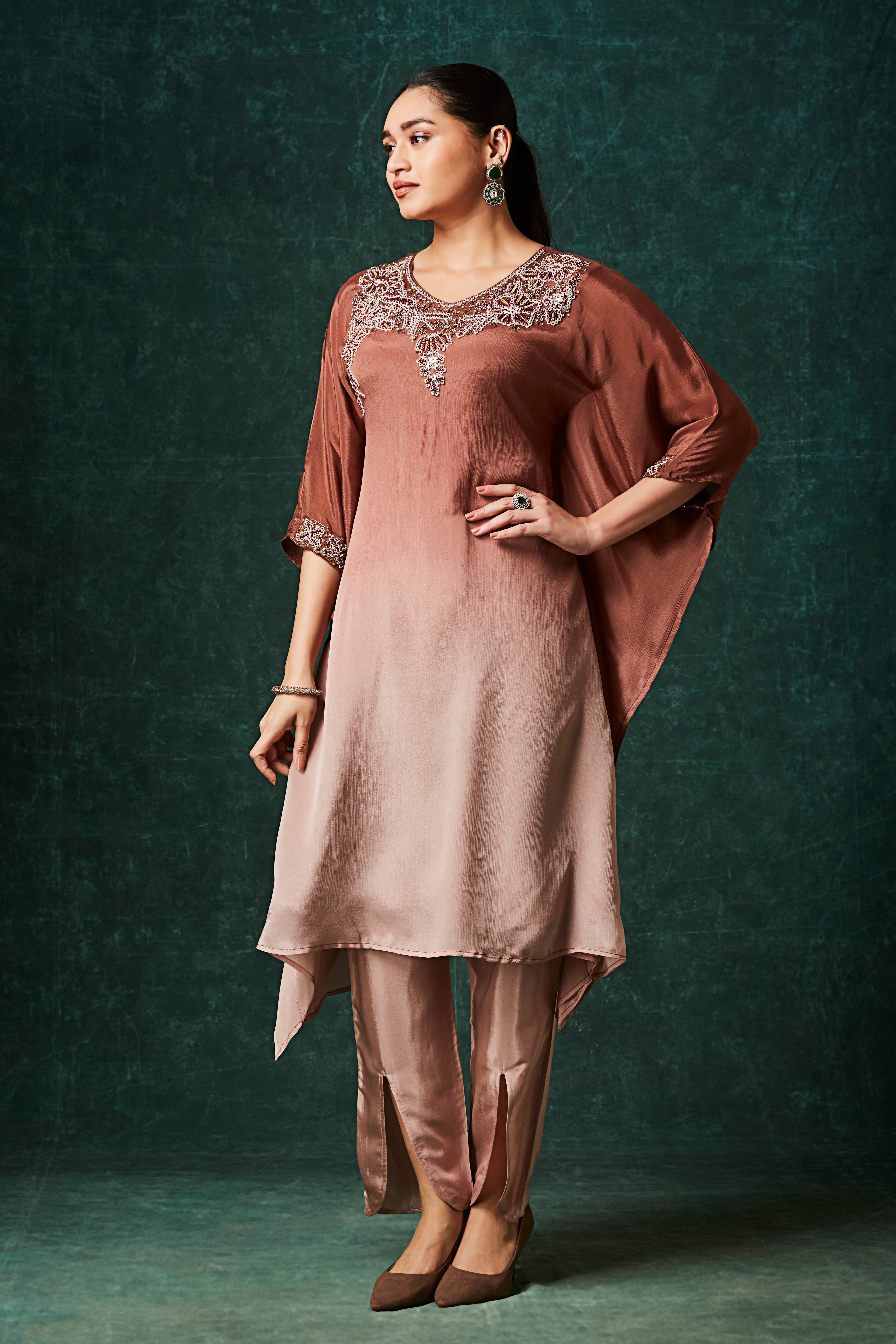 Copper Brown Ombre Embellished Chinon Silk Kaftan Set