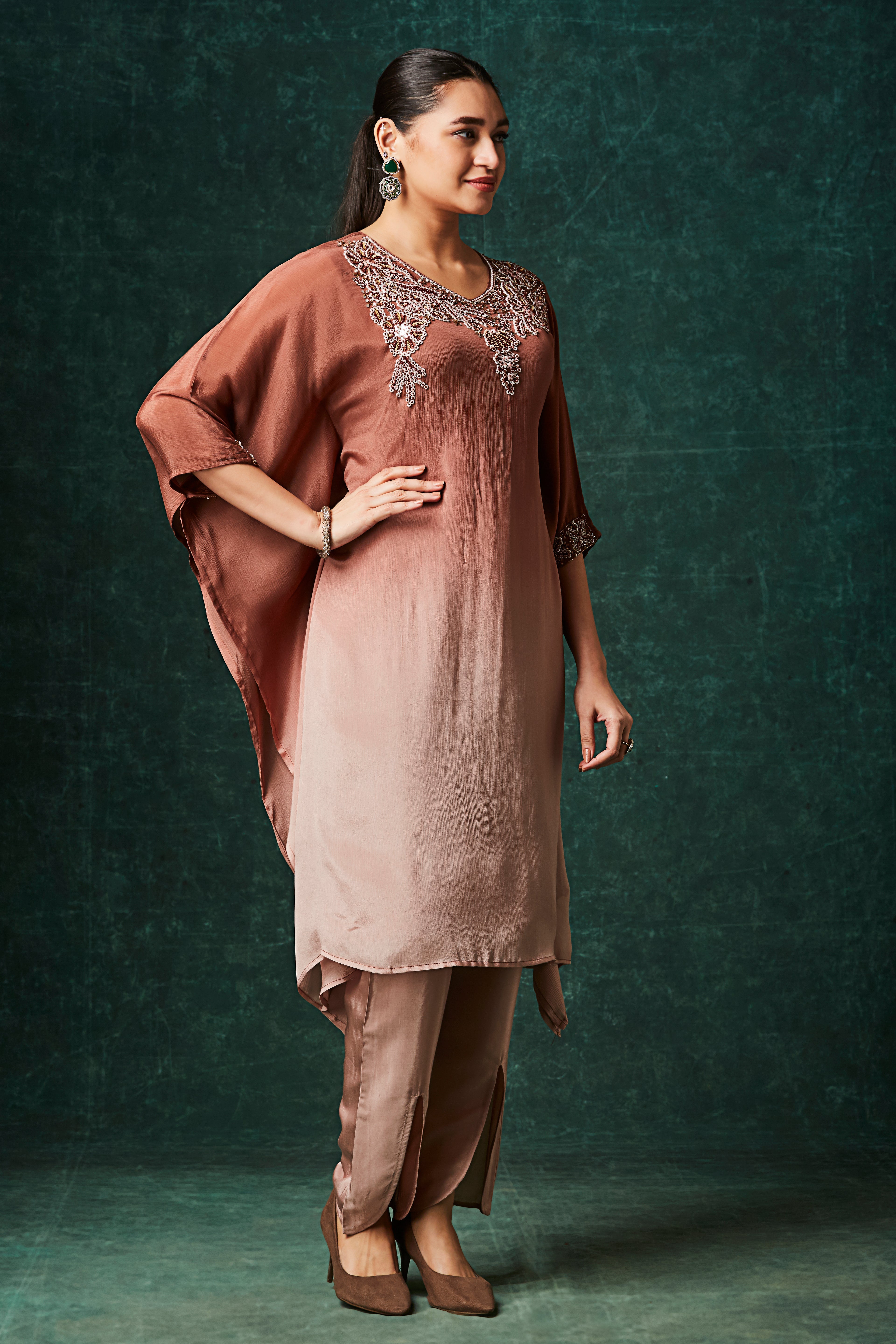 Copper Brown Ombre Embellished Chinon Silk Kaftan Set