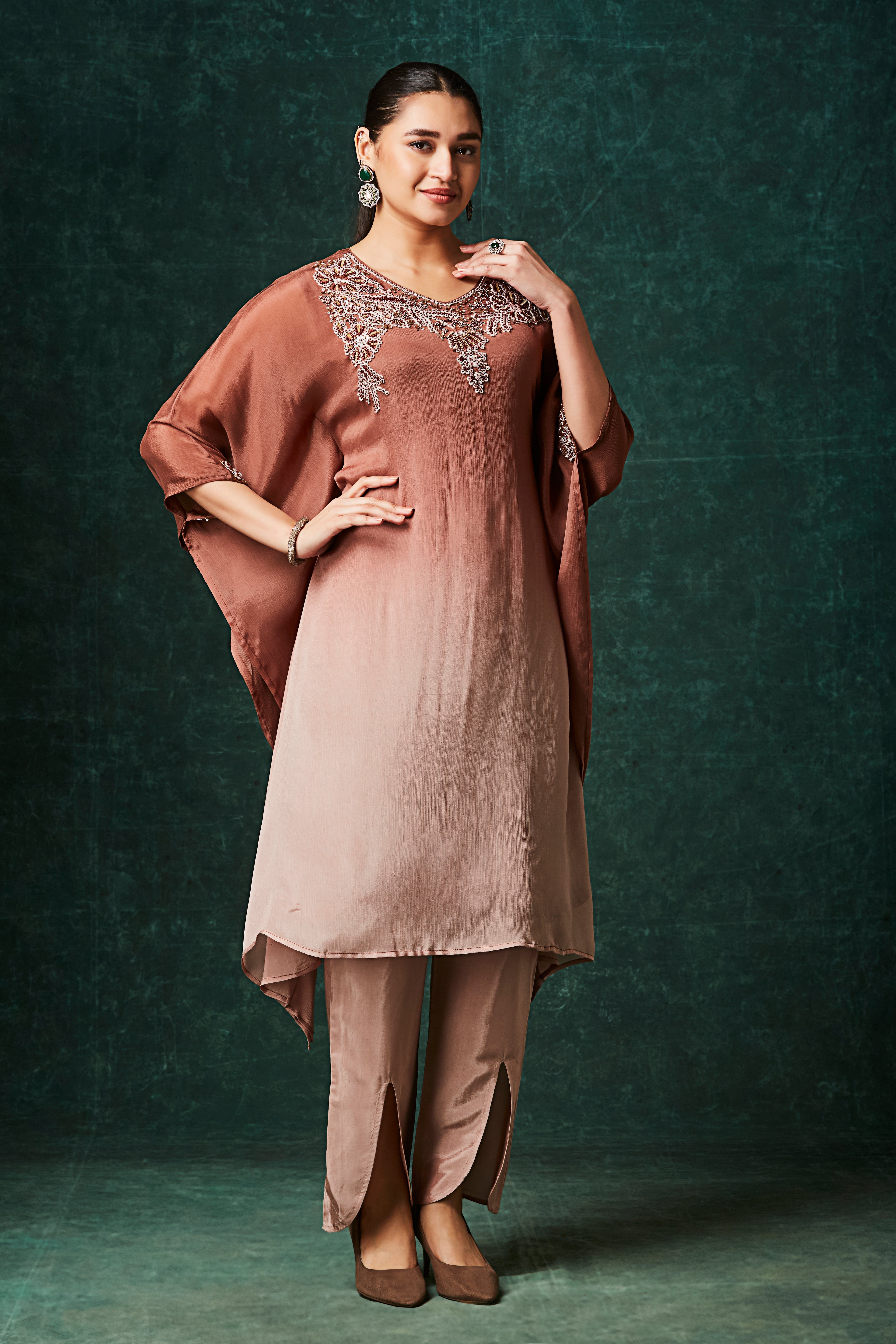Copper Brown Ombre Embellished Chinon Silk Kaftan Set