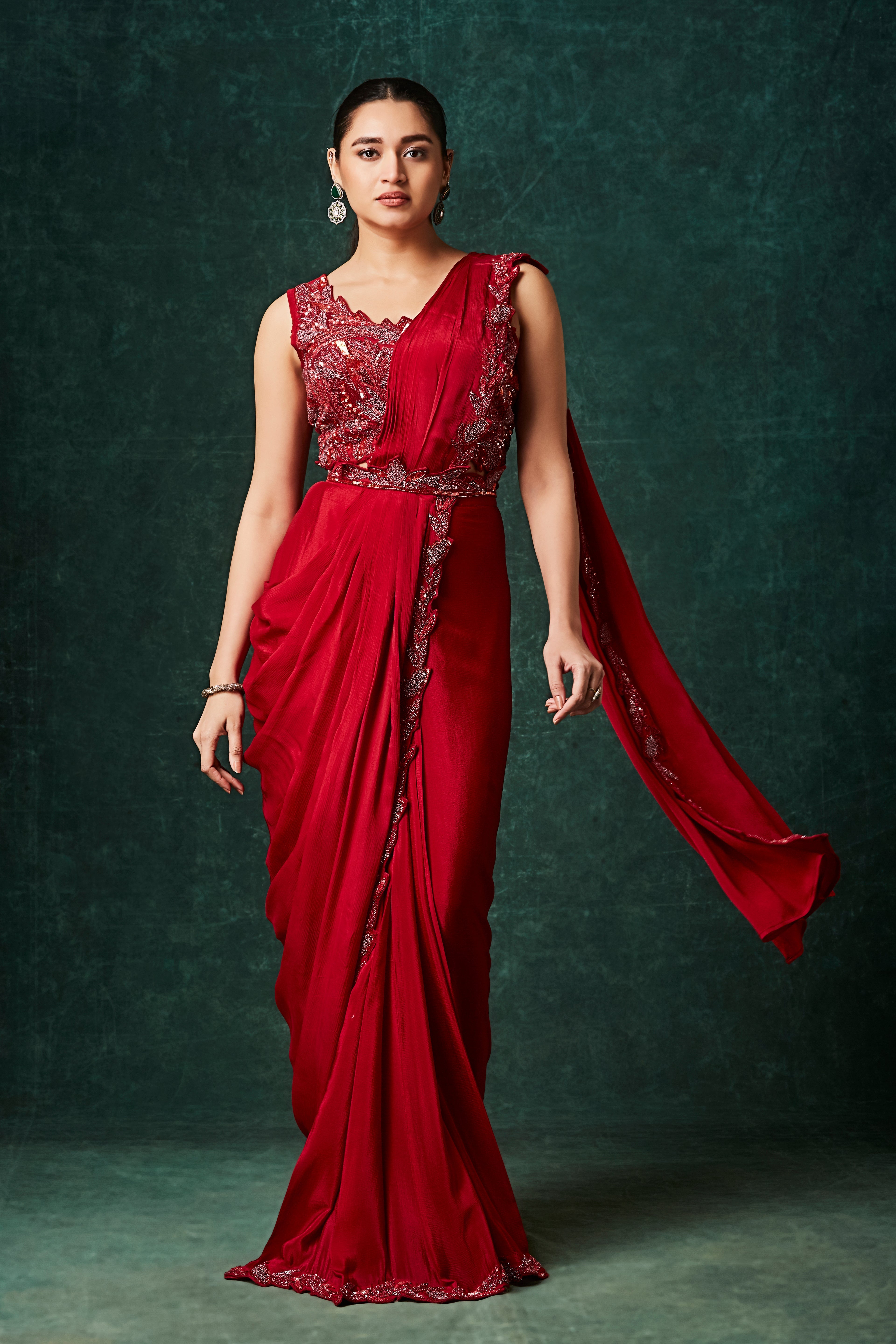 Deep Red Embellished Chinon Silk Drape Saree