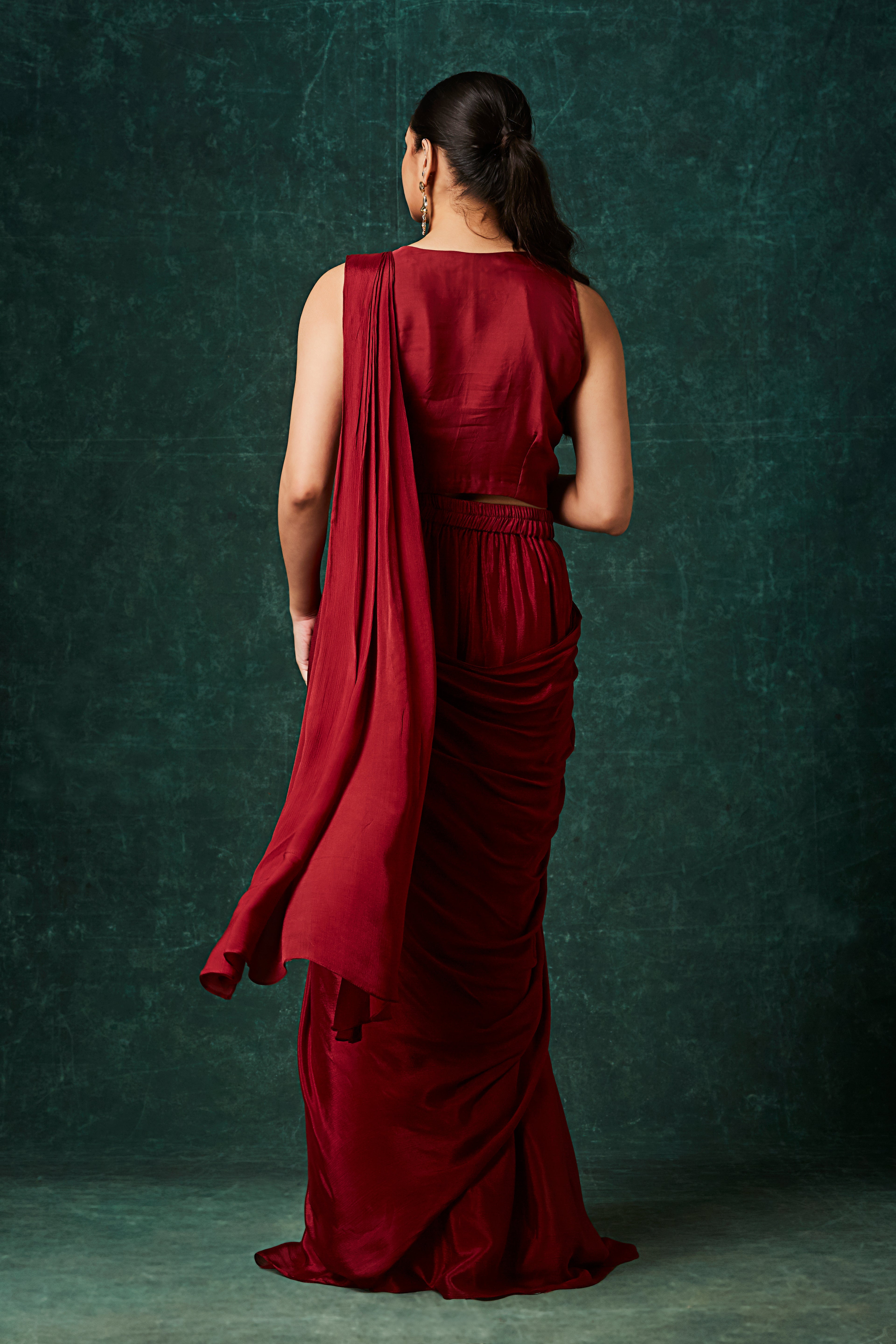 Vibrant Red Embellished Chinon Silk Drape Saree