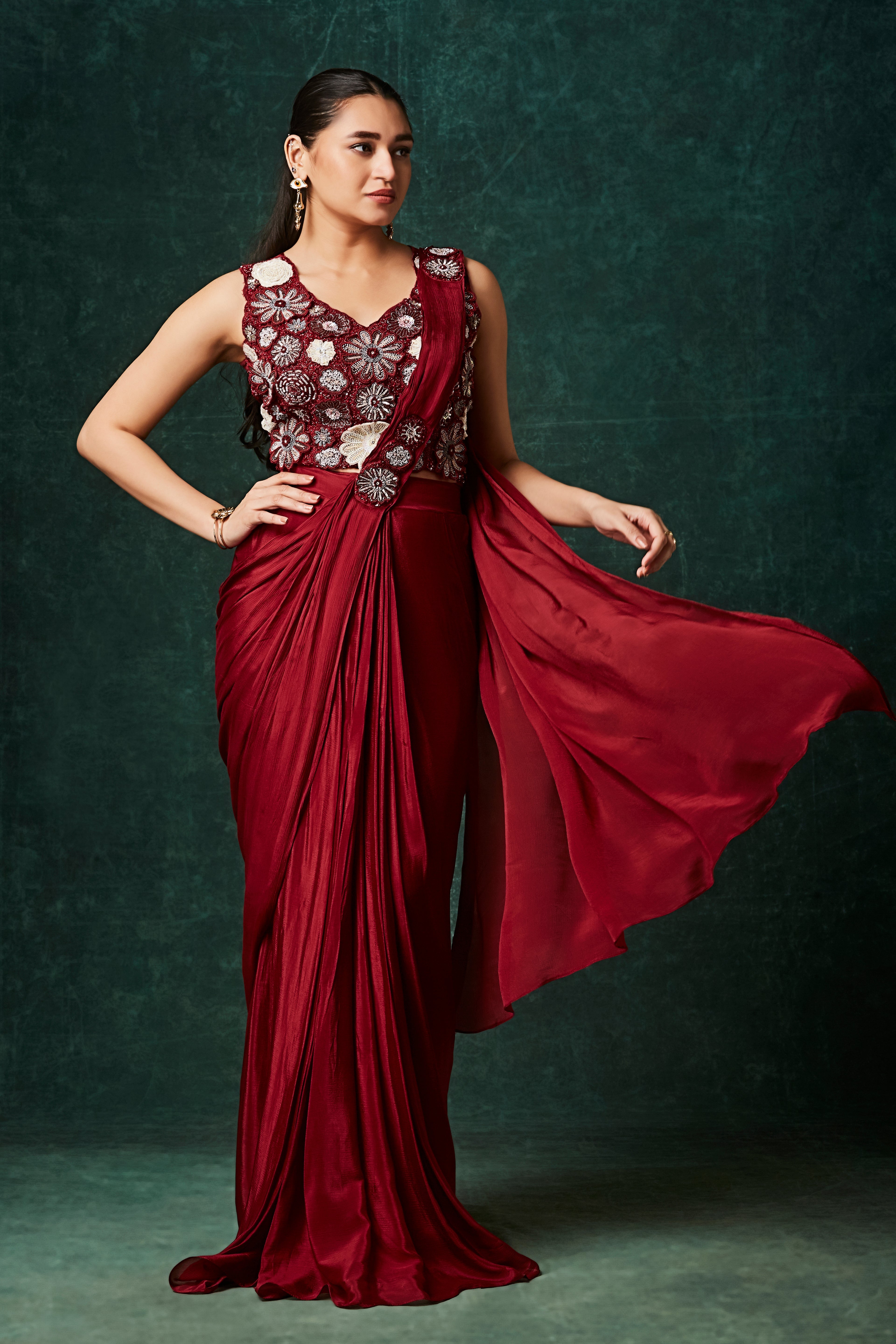 Vibrant Red Embellished Chinon Silk Drape Saree